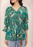 Teal Tropical Print Angrakha Style Cotton Kurta Top - Kaoribyshreya