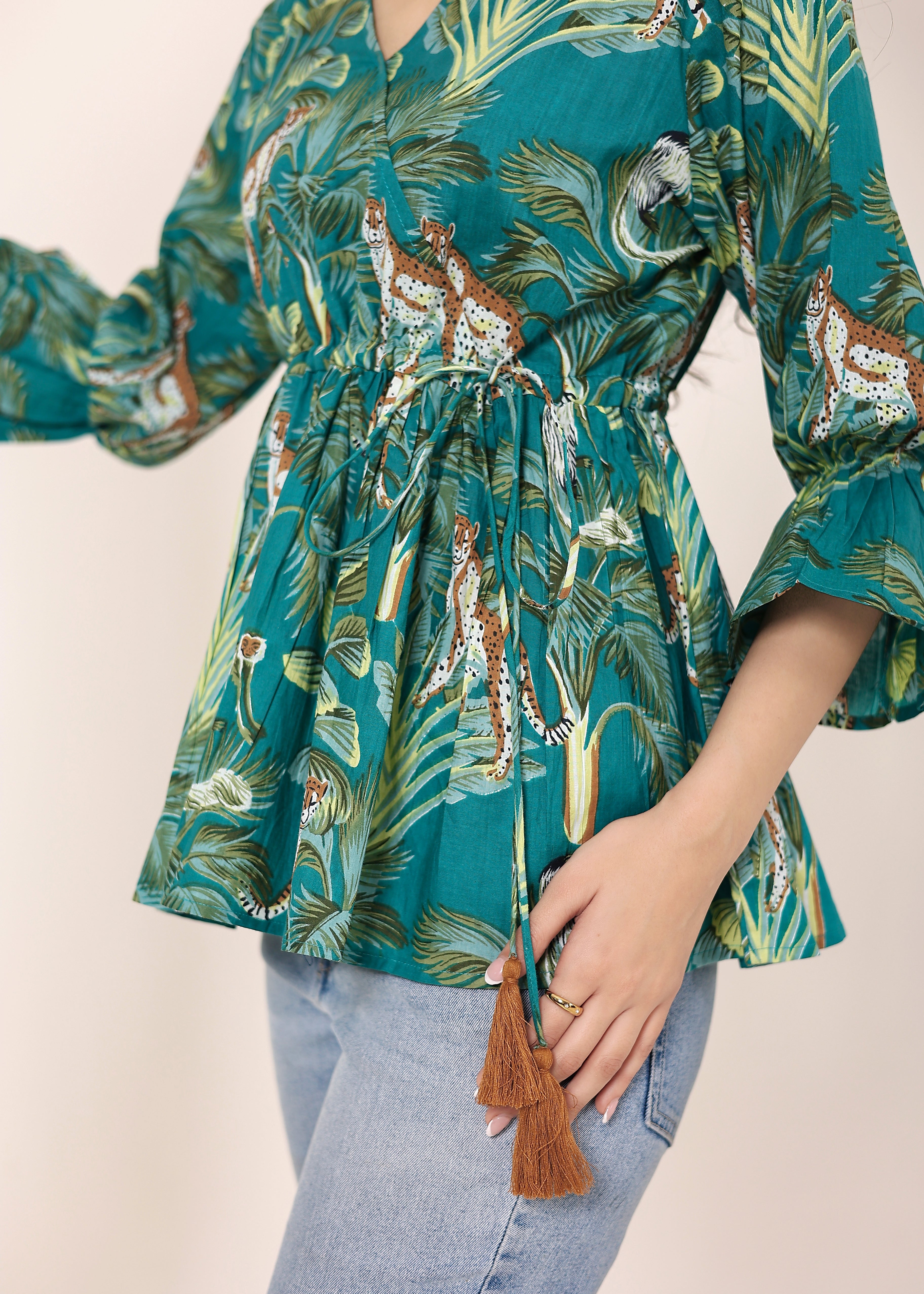 Teal Tropical Print Angrakha Style Cotton Kurta Top - Kaoribyshreya