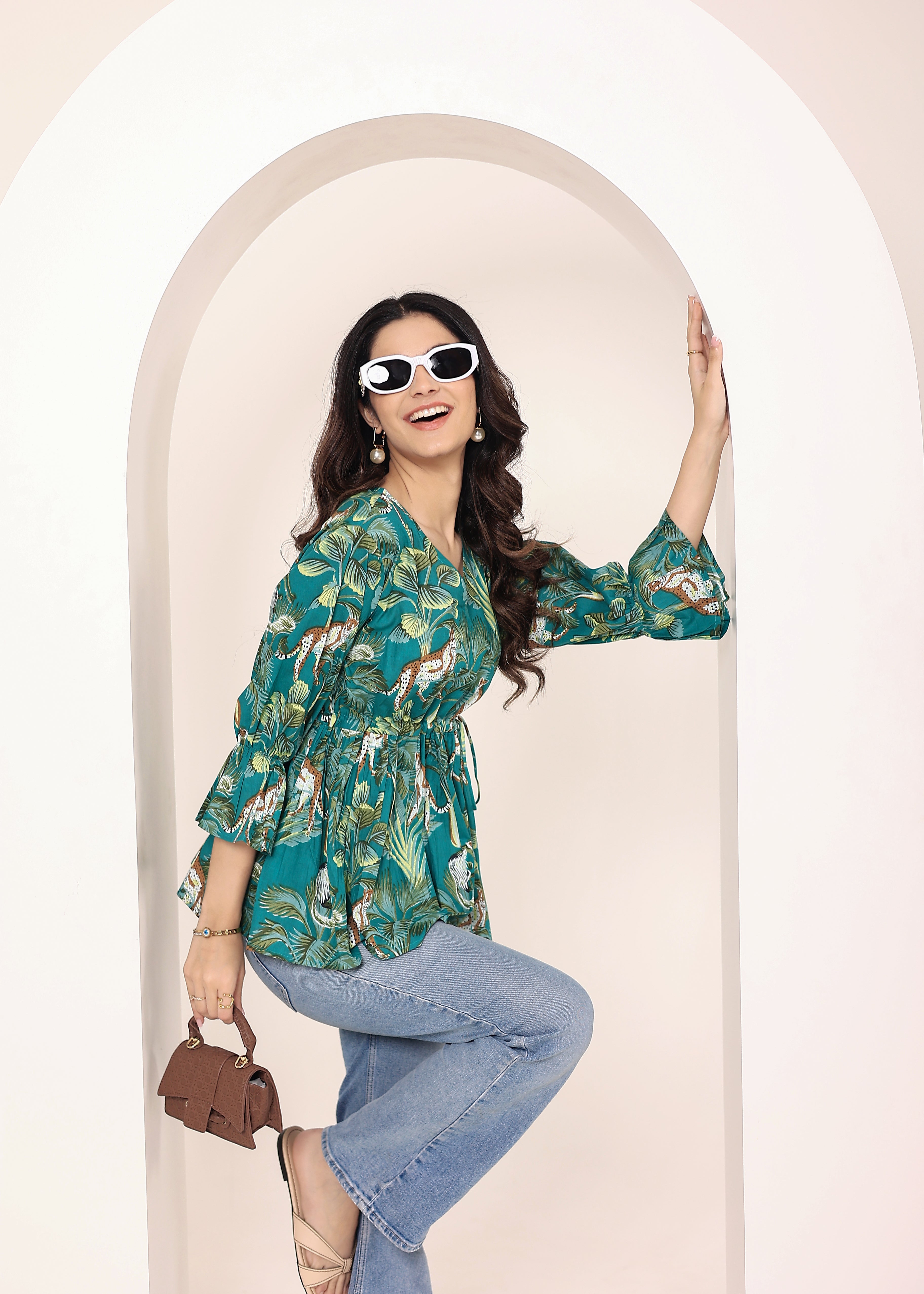 Teal Tropical Print Angrakha Style Cotton Kurta Top - Kaoribyshreya