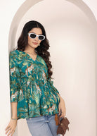 Teal Tropical Print Angrakha Style Cotton Kurta Top - Kaoribyshreya