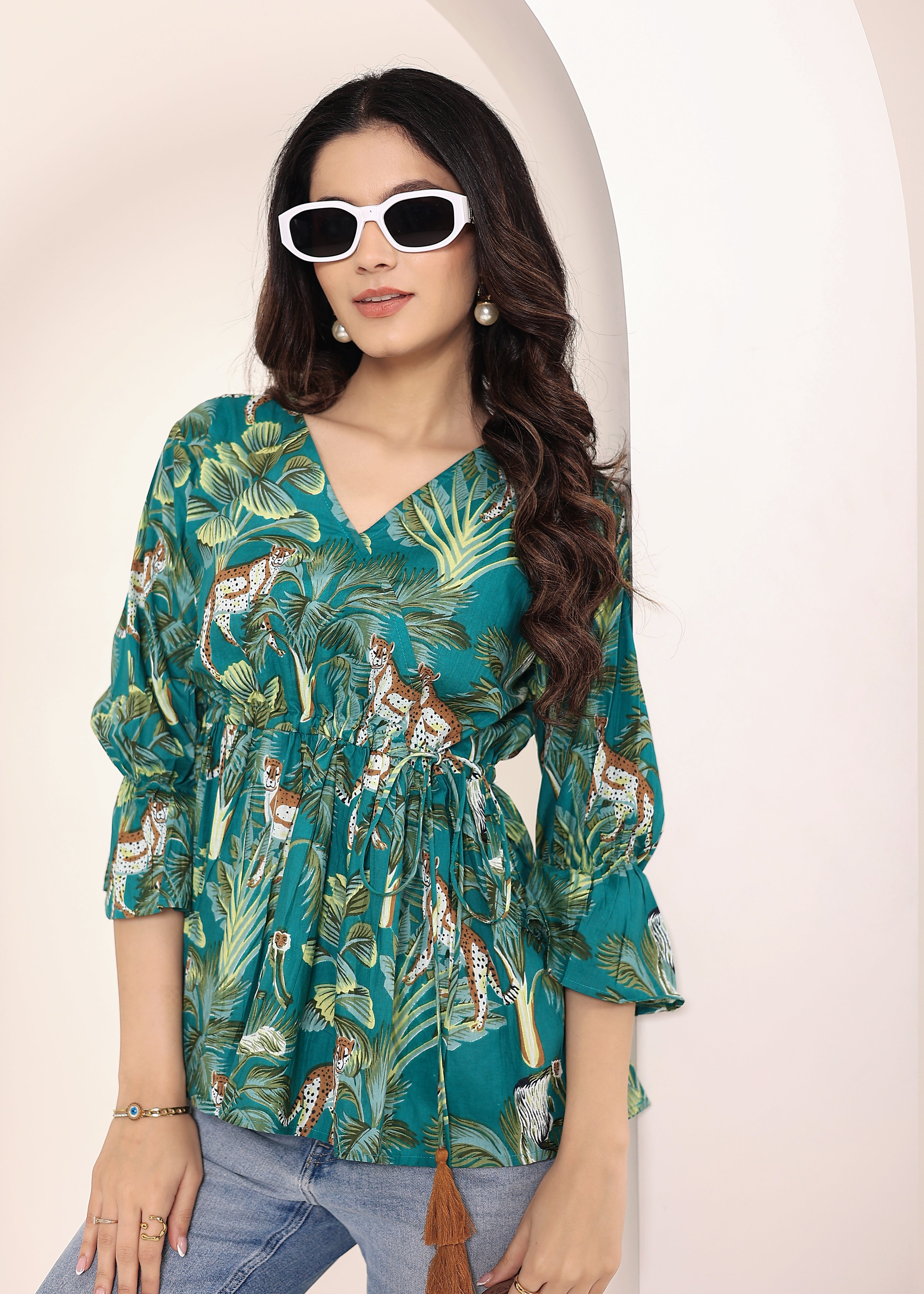 Teal Tropical Print Angrakha Style Cotton Kurta Top - Kaoribyshreya