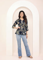 Navy Blue Tropical Print Angrakha Style Cotton Kurta Top - Kaoribyshreya