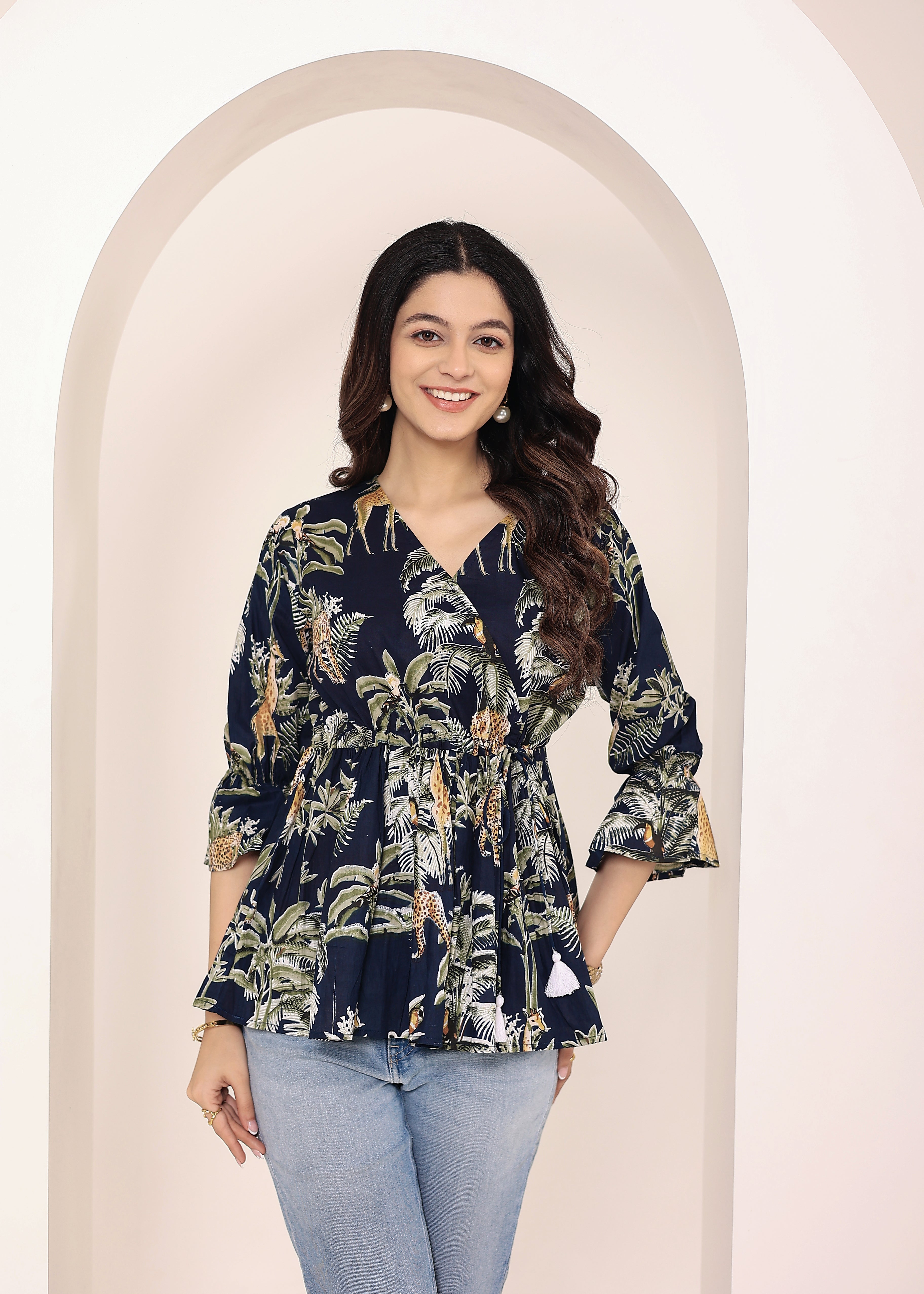 Navy Blue Tropical Print Angrakha Style Cotton Kurta Top - Kaoribyshreya
