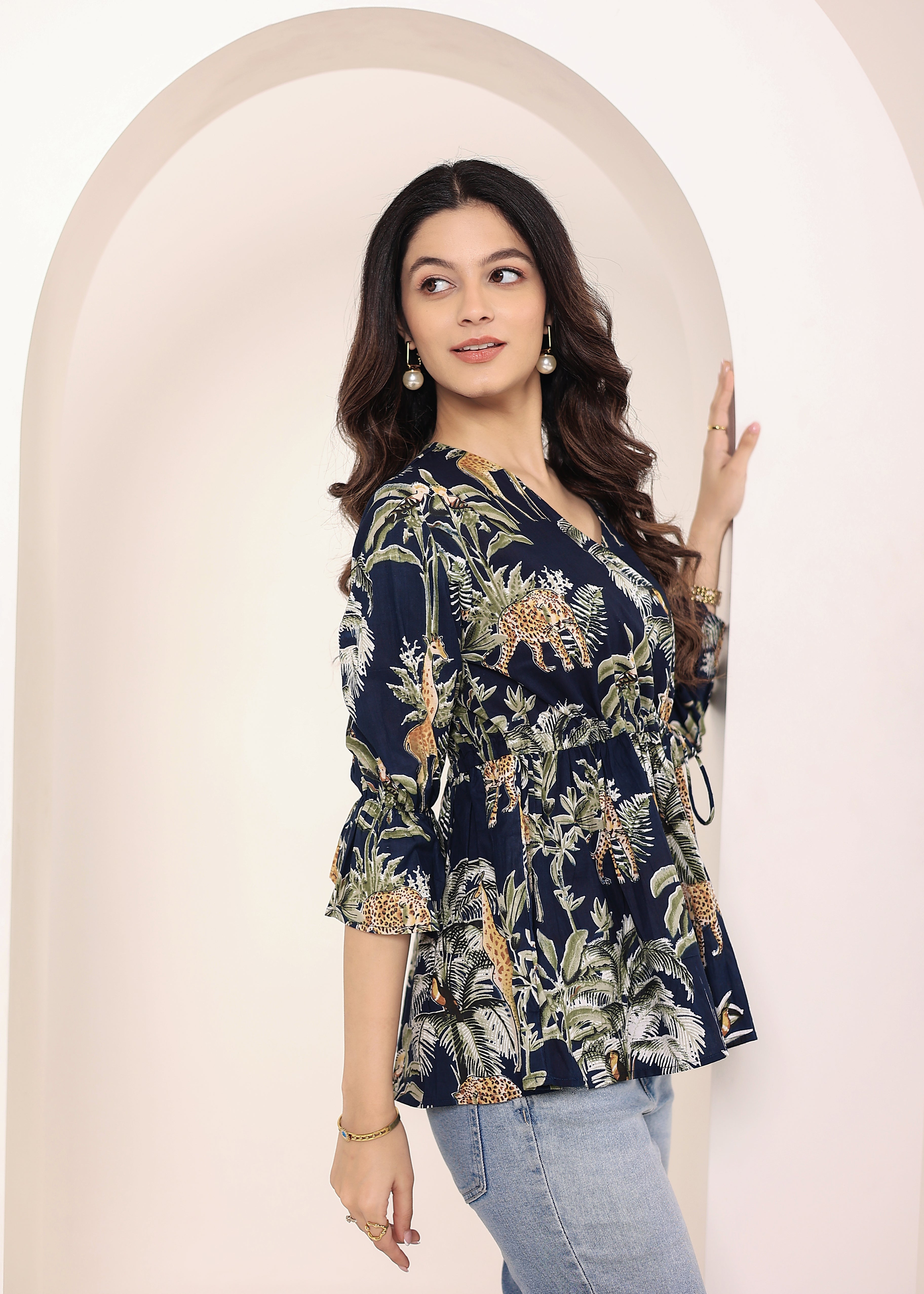 Navy Blue Tropical Print Angrakha Style Cotton Kurta Top - Kaoribyshreya