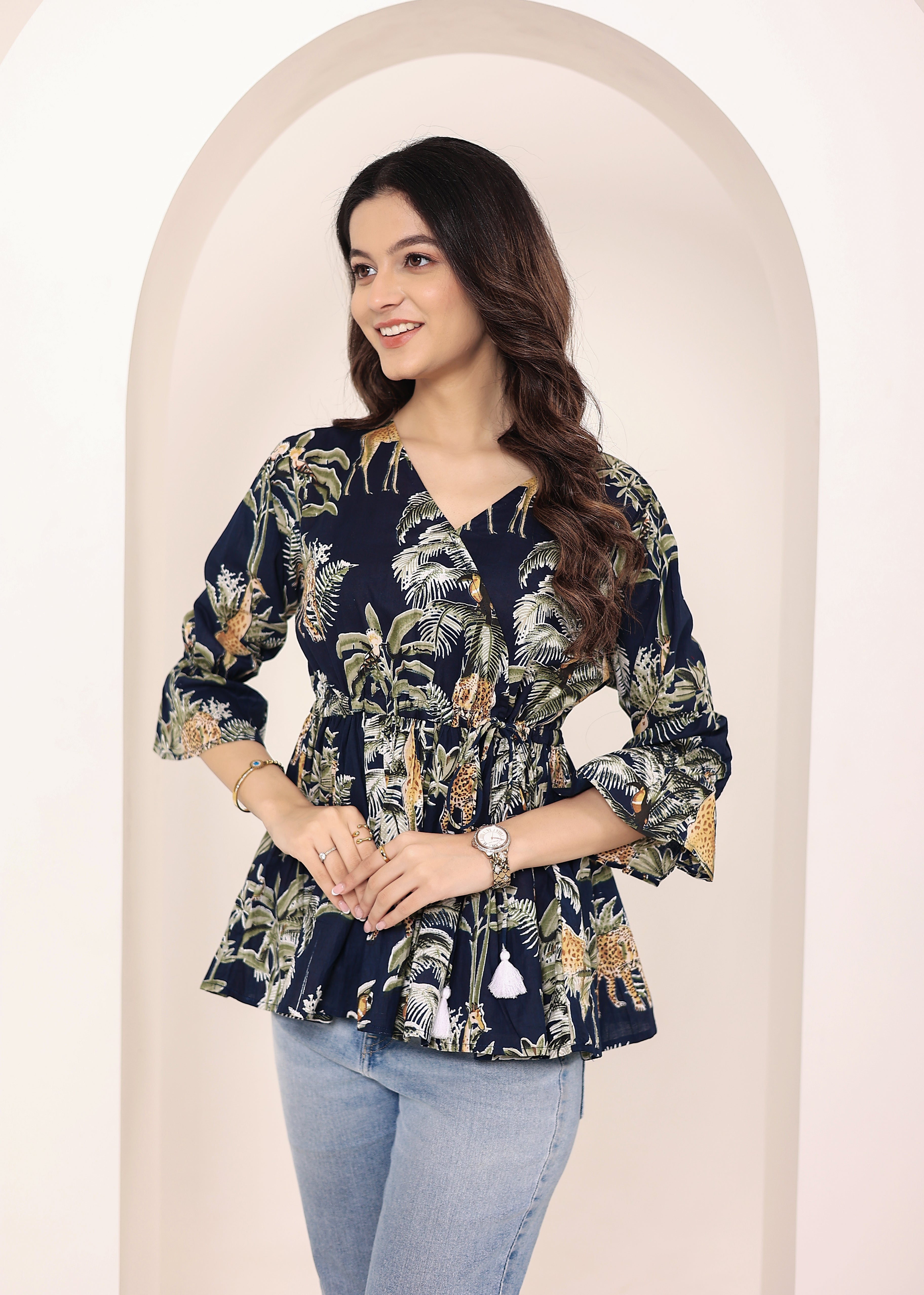 Navy Blue Tropical Print Angrakha Style Cotton Kurta Top - Kaoribyshreya