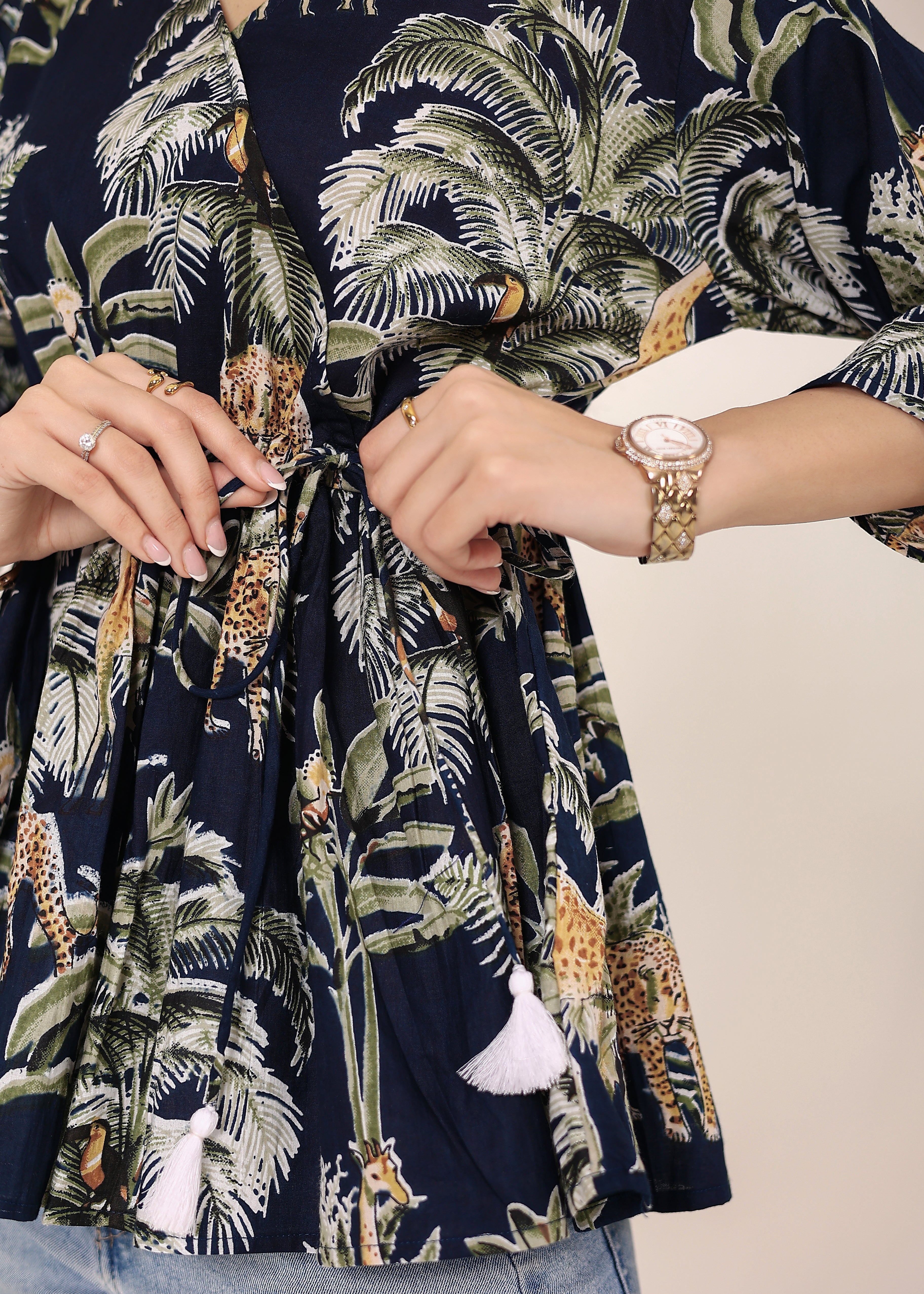Navy Blue Tropical Print Angrakha Style Cotton Kurta Top - Kaoribyshreya