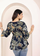 Navy Blue Tropical Print Angrakha Style Cotton Kurta Top - Kaoribyshreya