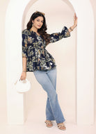 Navy Blue Tropical Print Angrakha Style Cotton Kurta Top - Kaoribyshreya