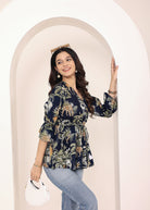 Navy Blue Tropical Print Angrakha Style Cotton Kurta Top - Kaoribyshreya
