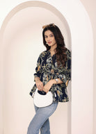Navy Blue Tropical Print Angrakha Style Cotton Kurta Top - Kaoribyshreya