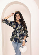 Navy Blue Tropical Print Angrakha Style Cotton Kurta Top - Kaoribyshreya