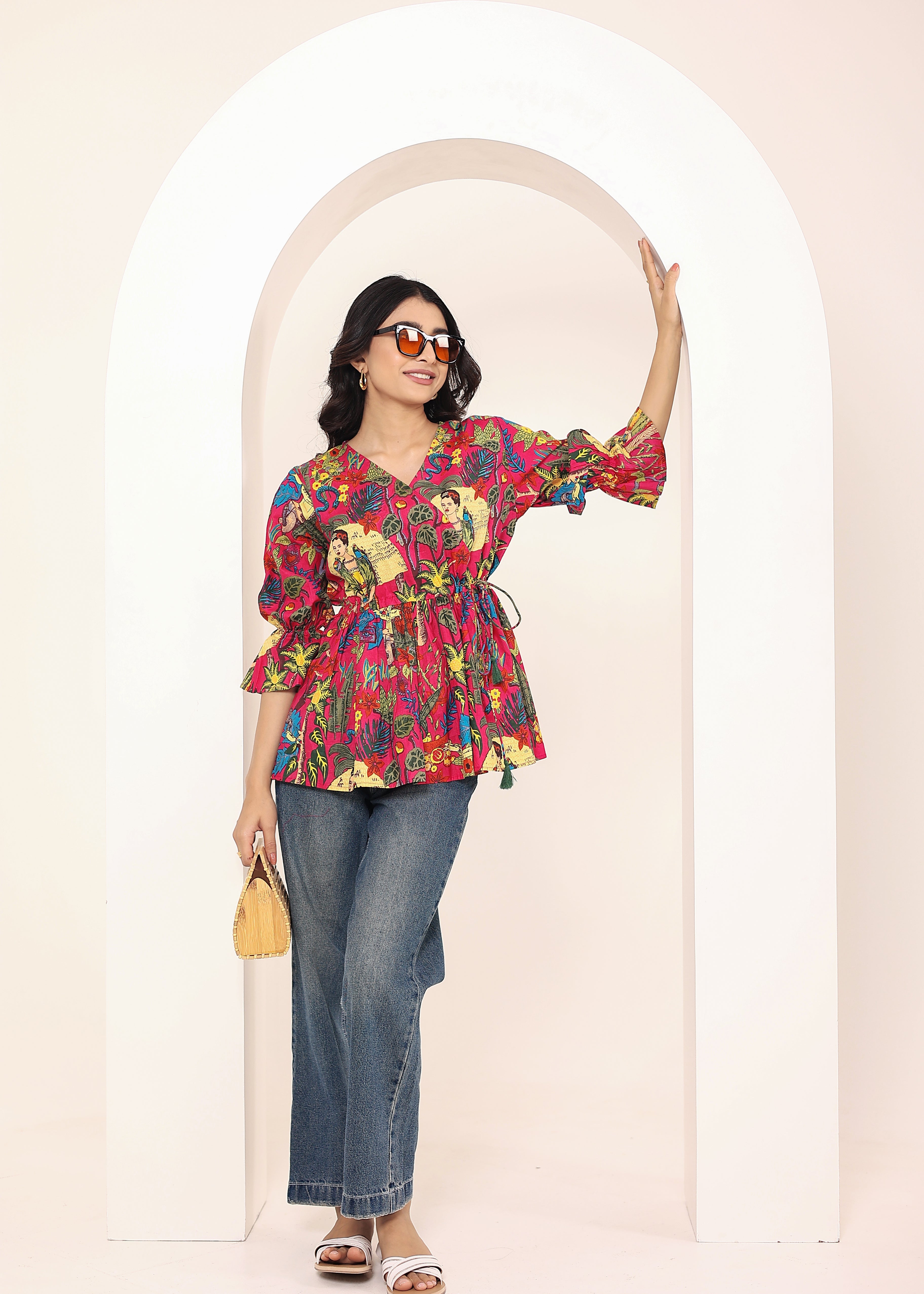 Pink Tropical Print Angrakha Style Cotton Kurta Top - Kaoribyshreya
