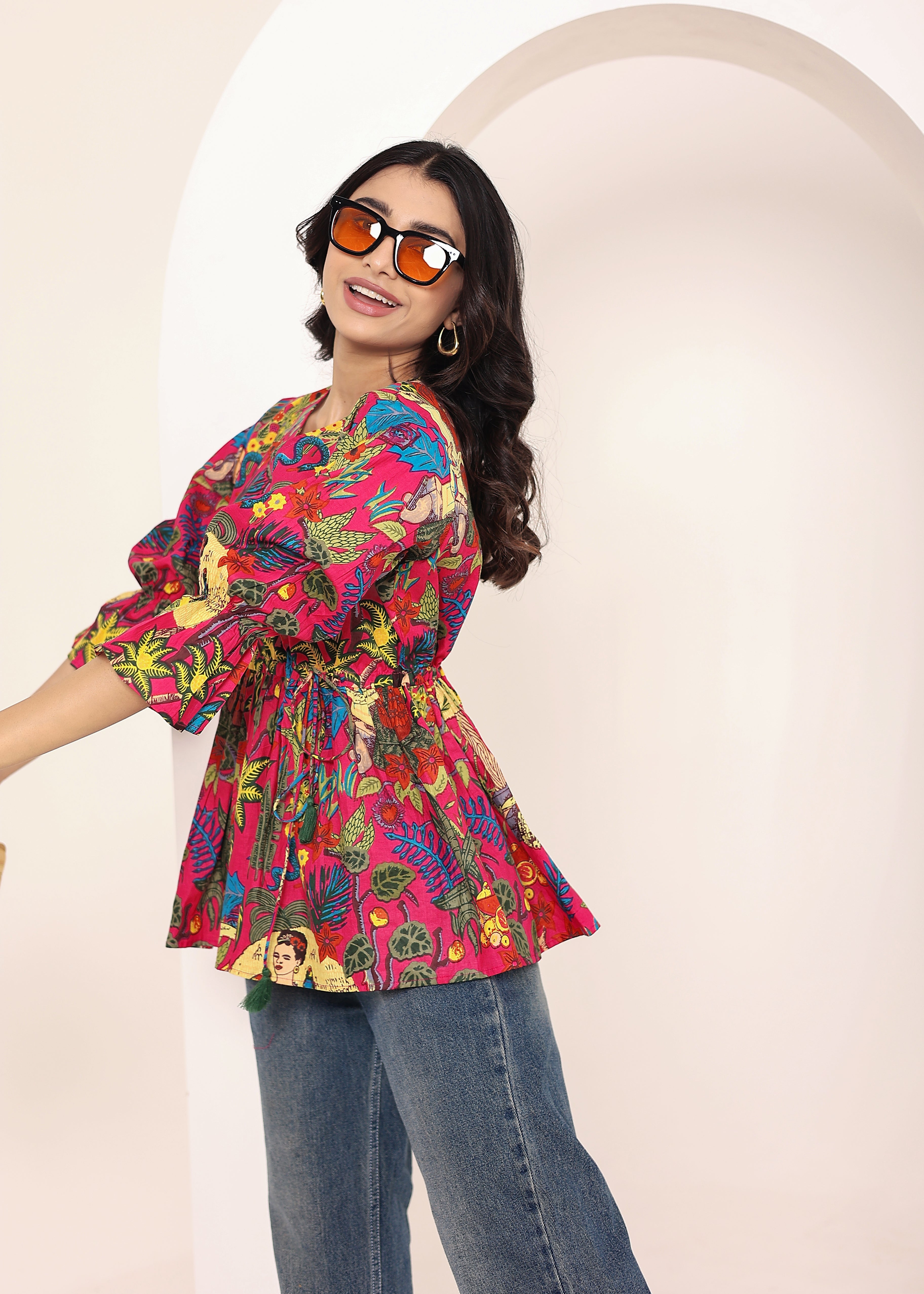 Pink Tropical Print Angrakha Style Cotton Kurta Top - Kaoribyshreya