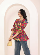 Pink Tropical Print Angrakha Style Cotton Kurta Top - Kaoribyshreya