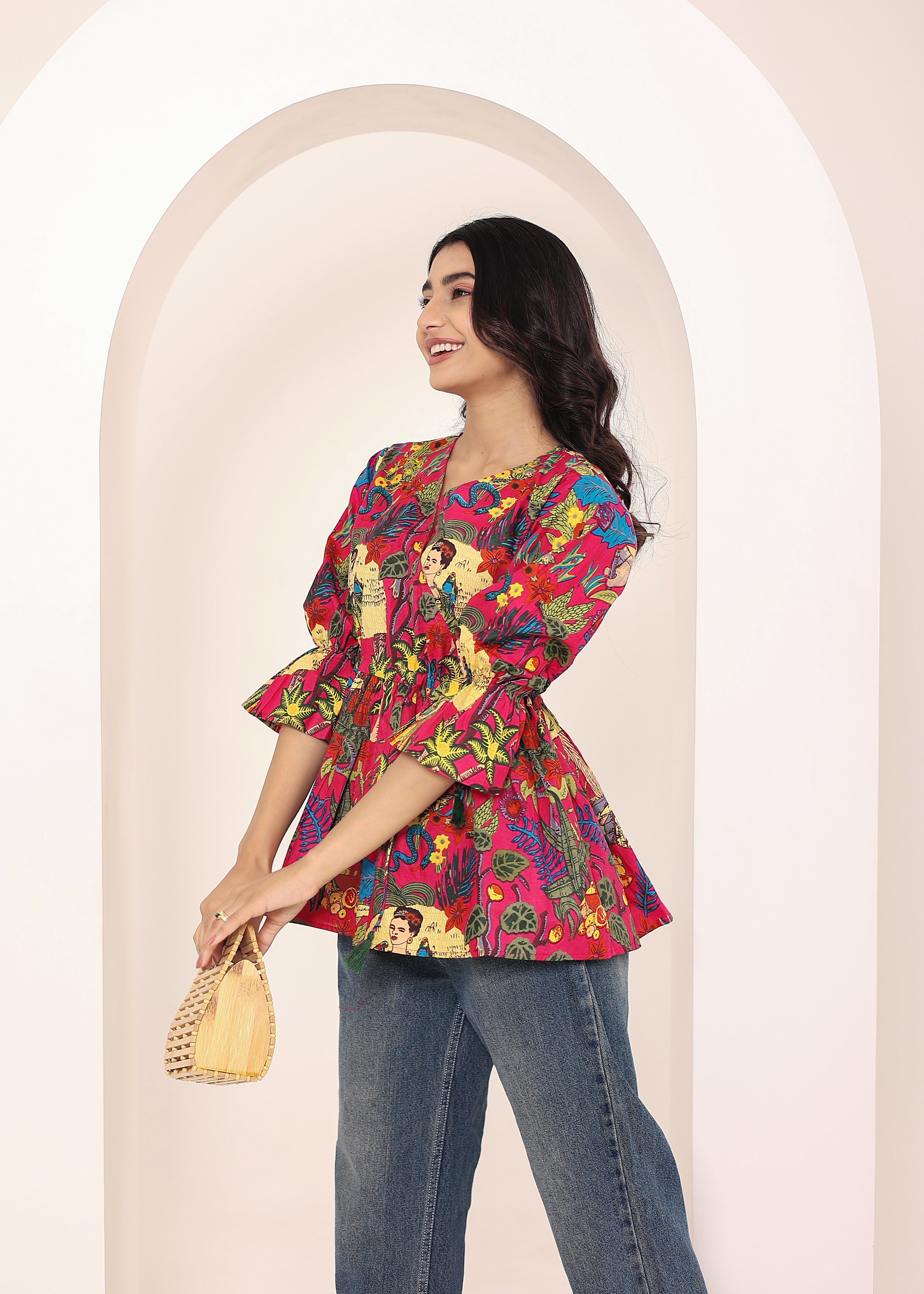 Pink Tropical Print Angrakha Style Cotton Kurta Top - Kaoribyshreya