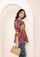 Pink Tropical Print Angrakha Style Cotton Kurta Top - Kaoribyshreya