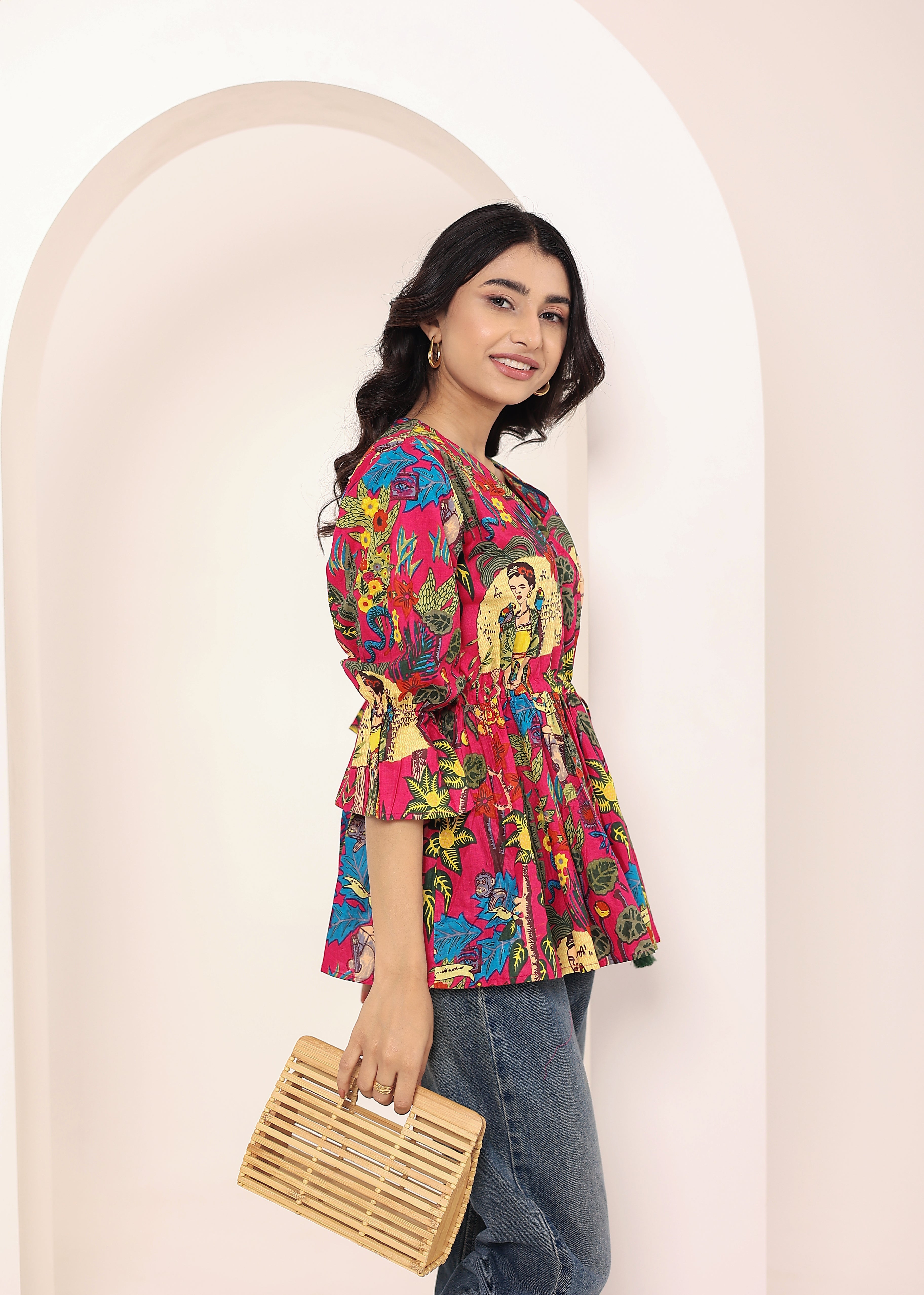 Pink Tropical Print Angrakha Style Cotton Kurta Top - Kaoribyshreya