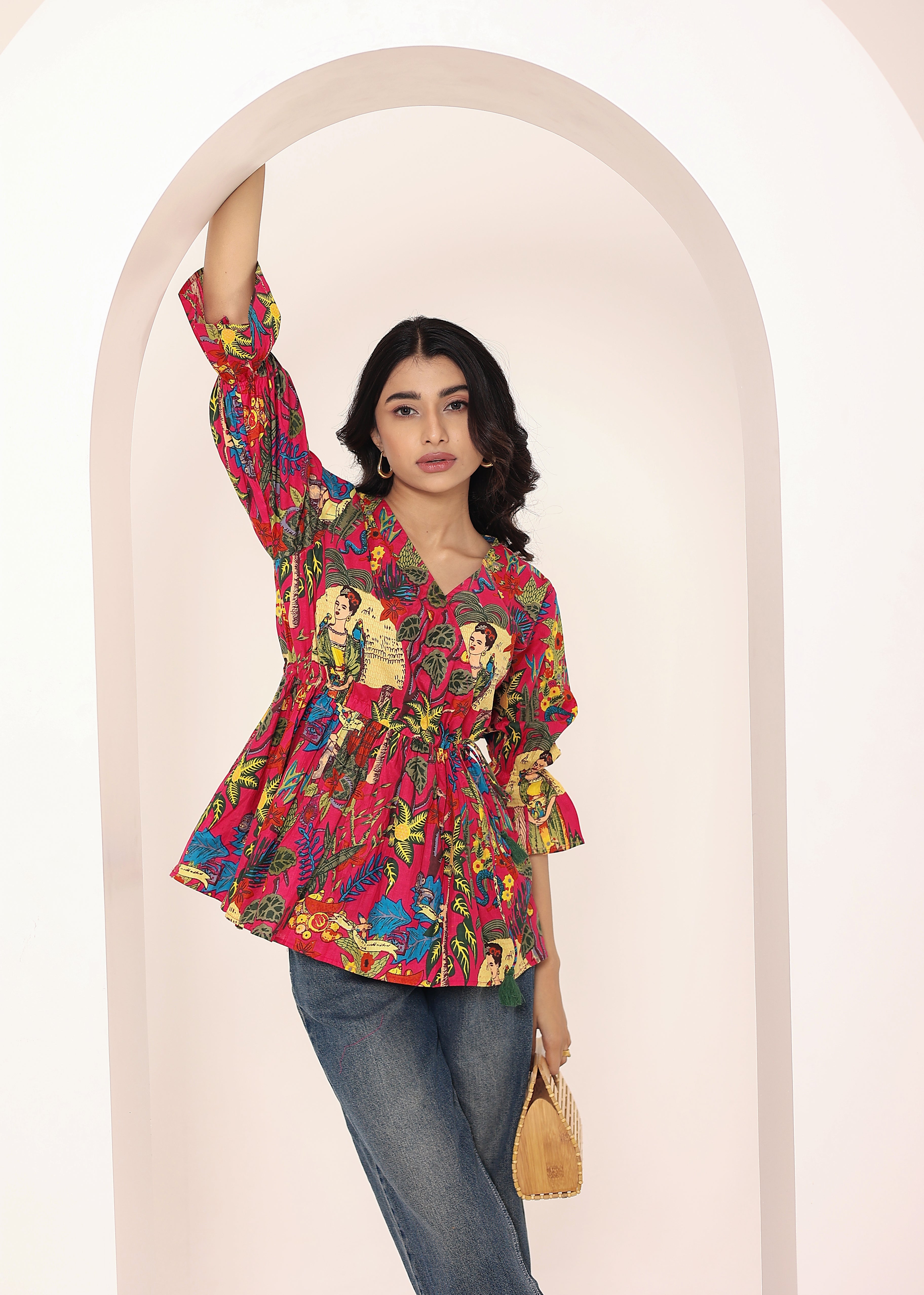 Pink Tropical Print Angrakha Style Cotton Kurta Top - Kaoribyshreya