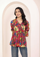 Pink Tropical Print Angrakha Style Cotton Kurta Top - Kaoribyshreya
