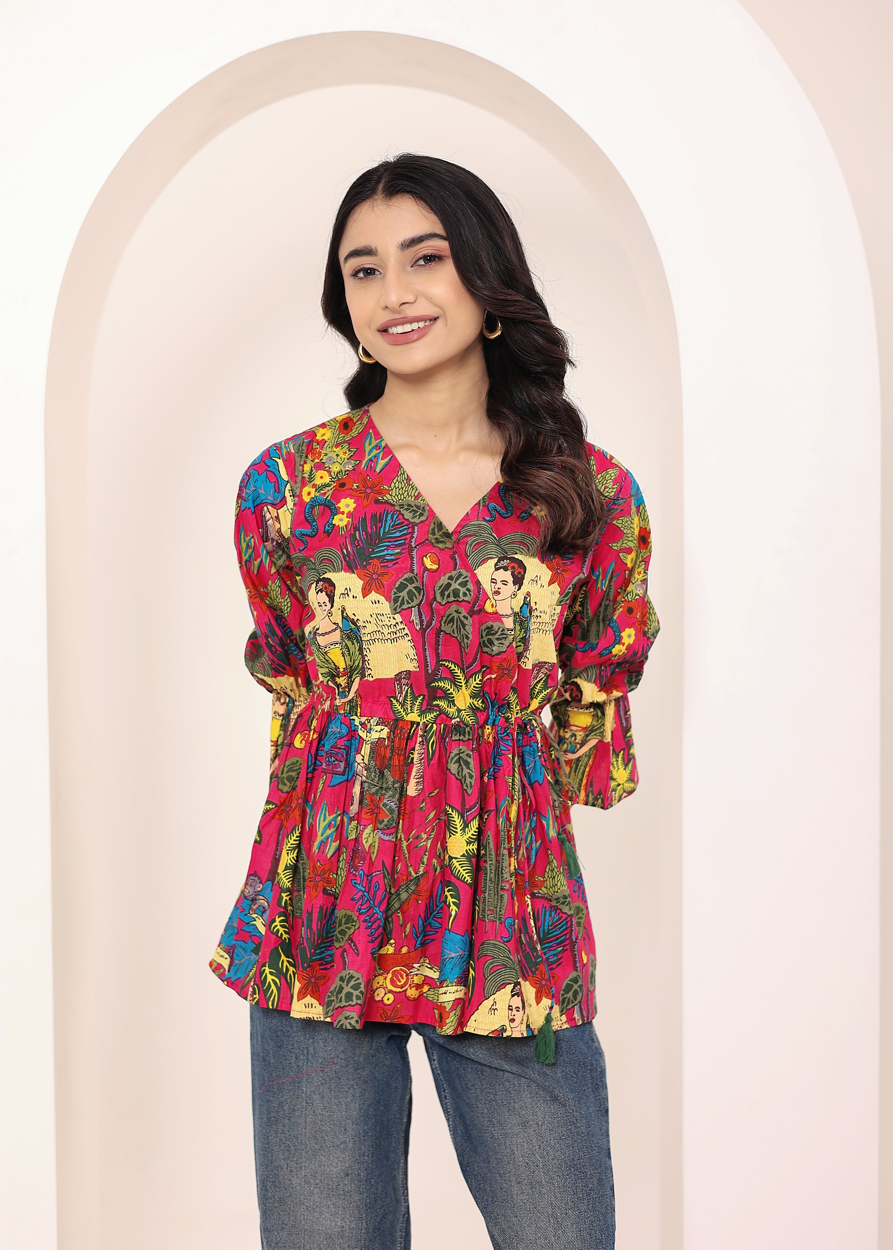 Pink Tropical Print Angrakha Style Cotton Kurta Top - Kaoribyshreya