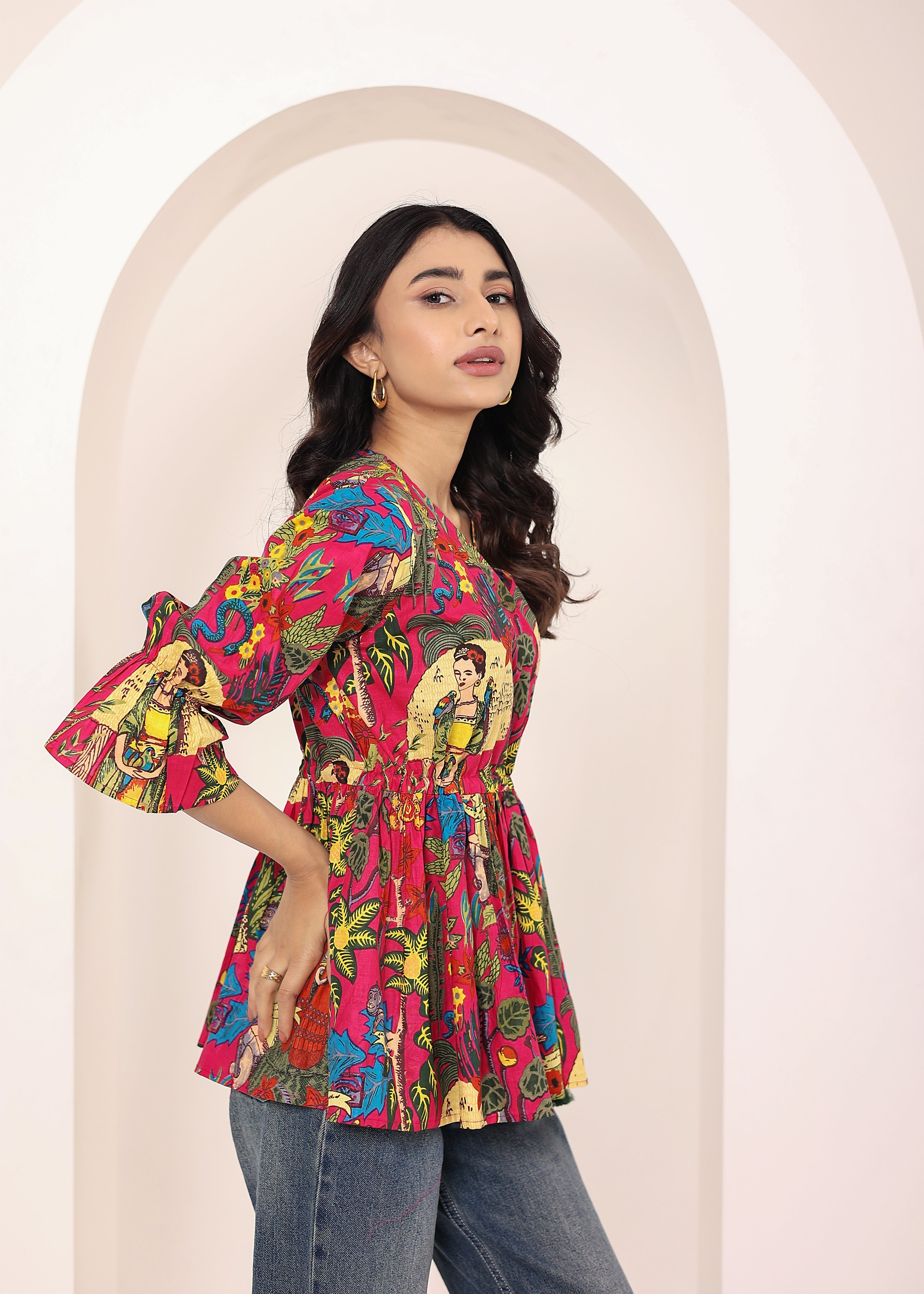 Pink Tropical Print Angrakha Style Cotton Kurta Top - Kaoribyshreya