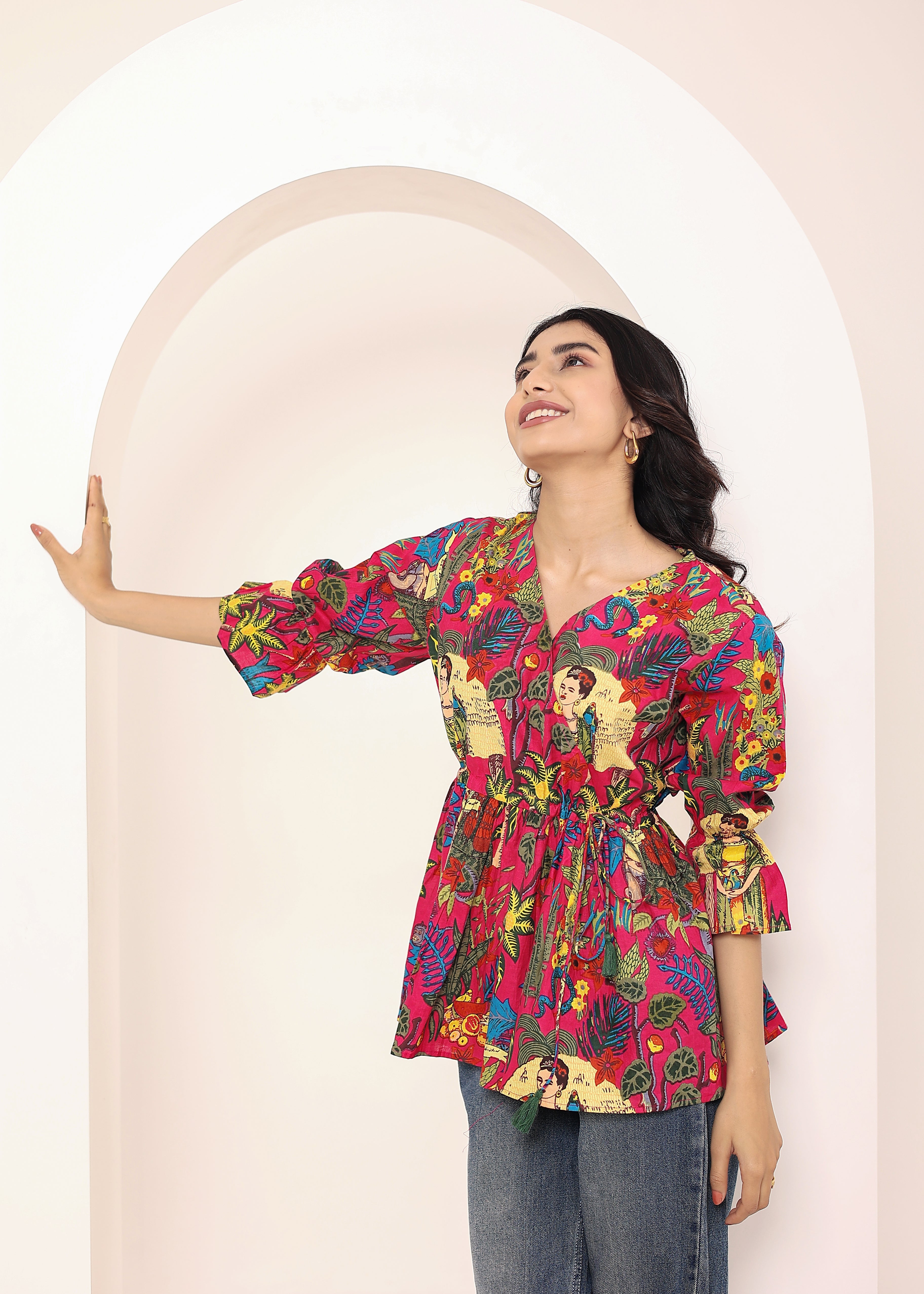 Pink Tropical Print Angrakha Style Cotton Kurta Top - Kaoribyshreya