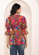 Pink Tropical Print Angrakha Style Cotton Kurta Top - Kaoribyshreya