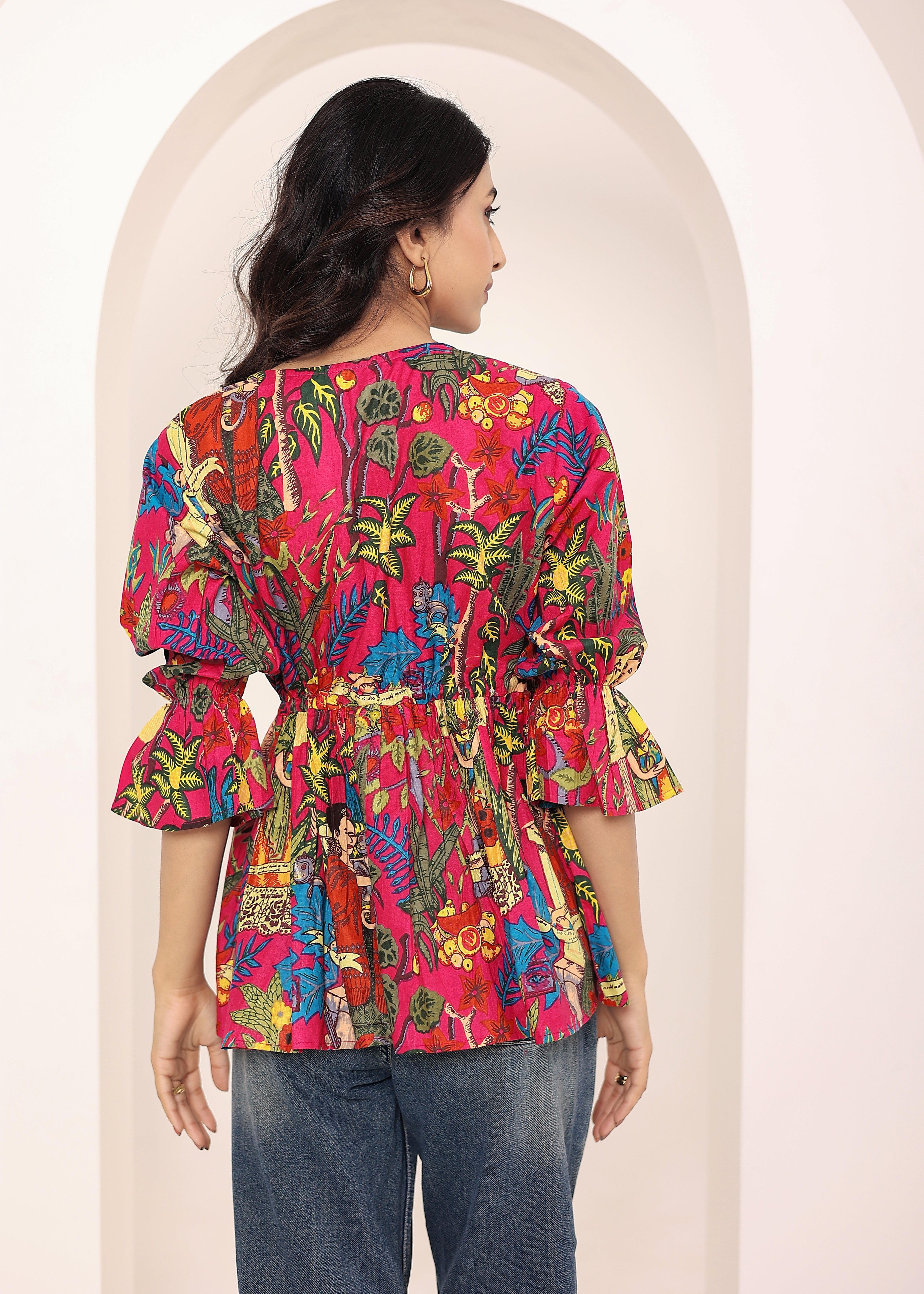 Pink Tropical Print Angrakha Style Cotton Kurta Top - Kaoribyshreya