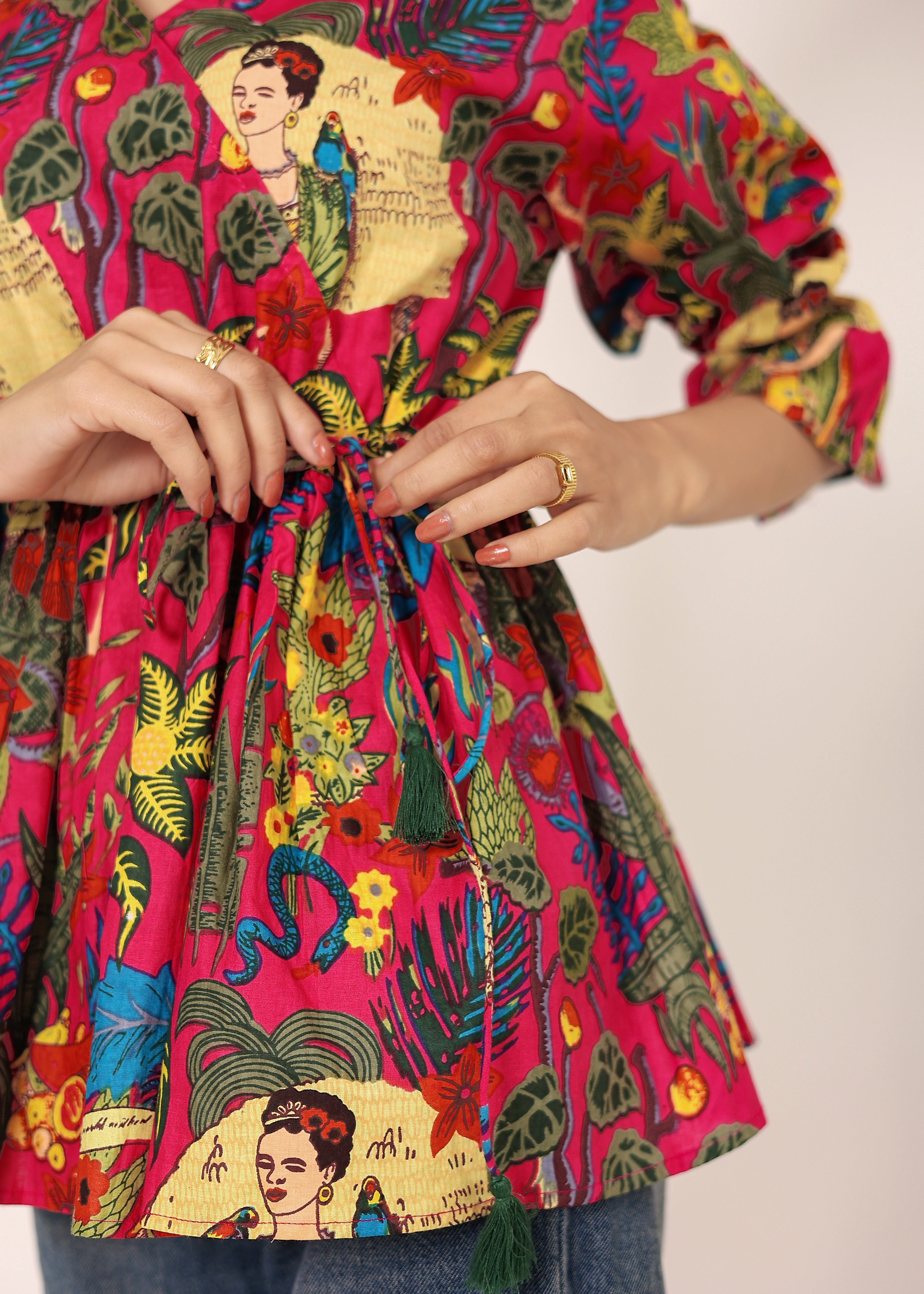 Pink Tropical Print Angrakha Style Cotton Kurta Top - Kaoribyshreya