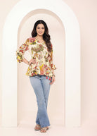 Beige Tropical Print Angrakha Style Cotton Kurta Top - Kaoribyshreya