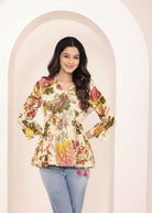 Beige Tropical Print Angrakha Style Cotton Kurta Top - Kaoribyshreya