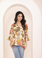 Beige Tropical Print Angrakha Style Cotton Kurta Top - Kaoribyshreya