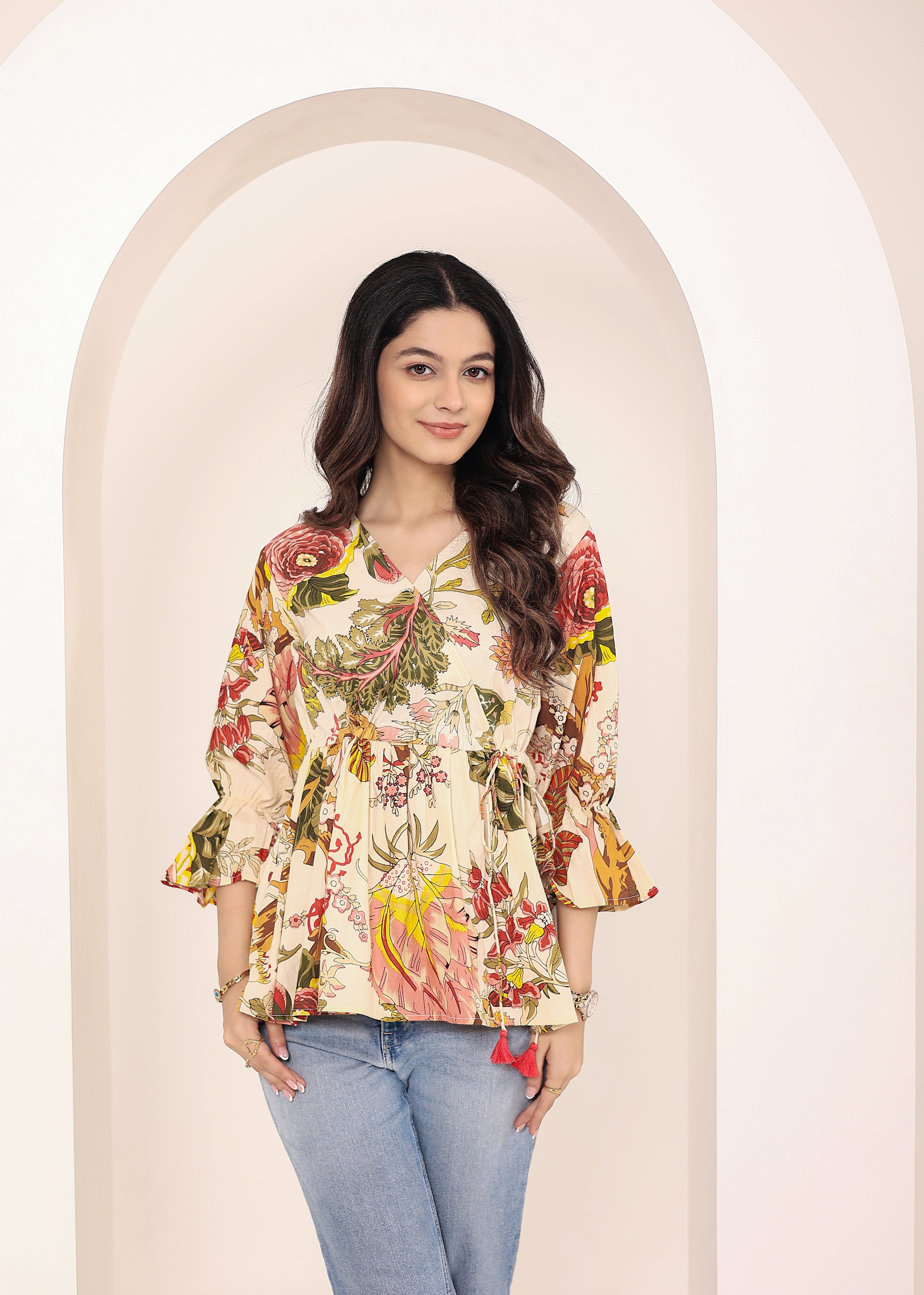 Beige Tropical Print Angrakha Style Cotton Kurta Top - Kaoribyshreya