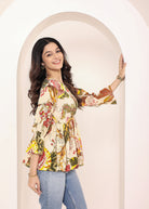 Beige Tropical Print Angrakha Style Cotton Kurta Top - Kaoribyshreya