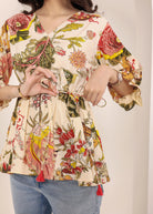 Beige Tropical Print Angrakha Style Cotton Kurta Top - Kaoribyshreya