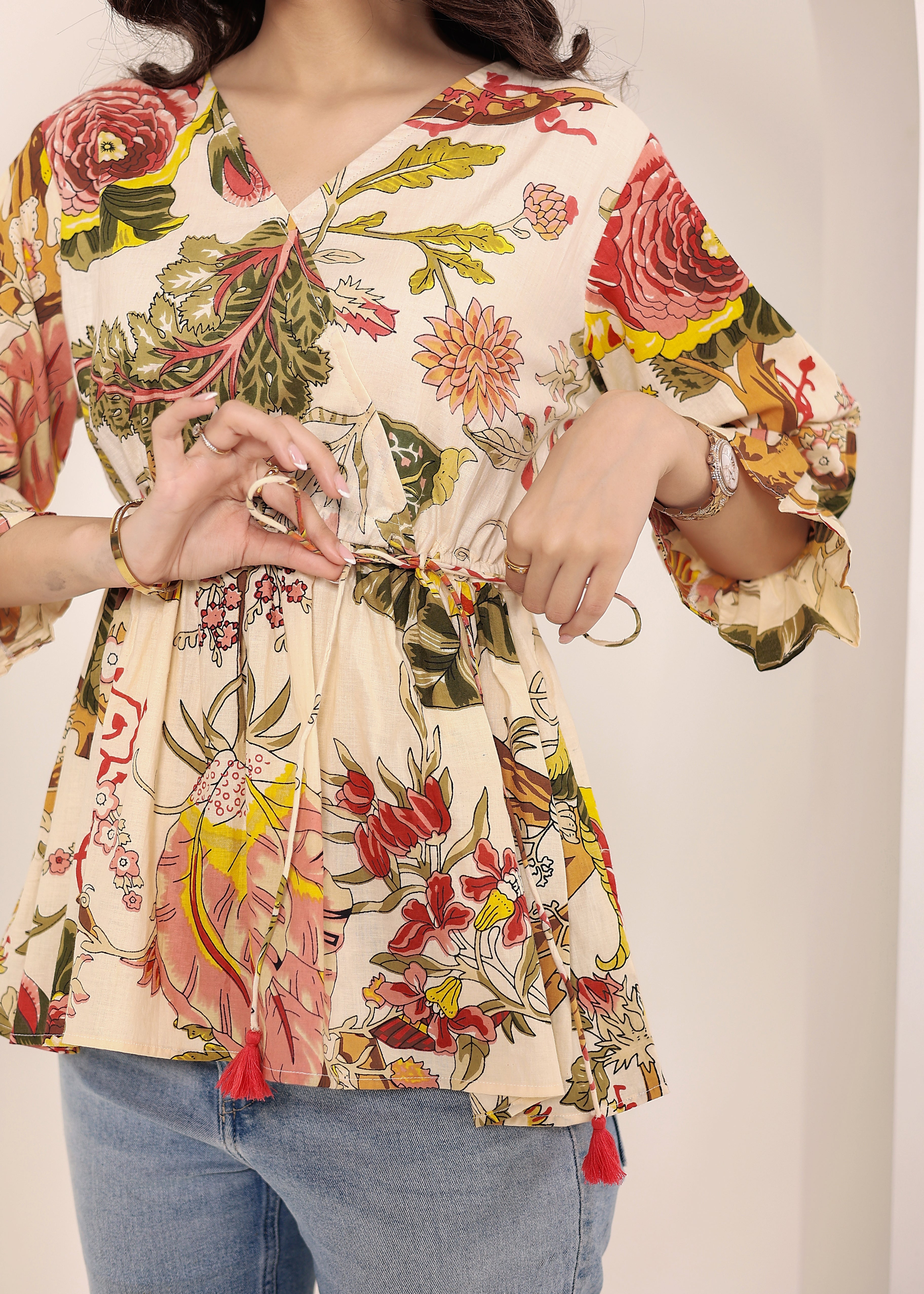 Beige Tropical Print Angrakha Style Cotton Kurta Top - Kaoribyshreya