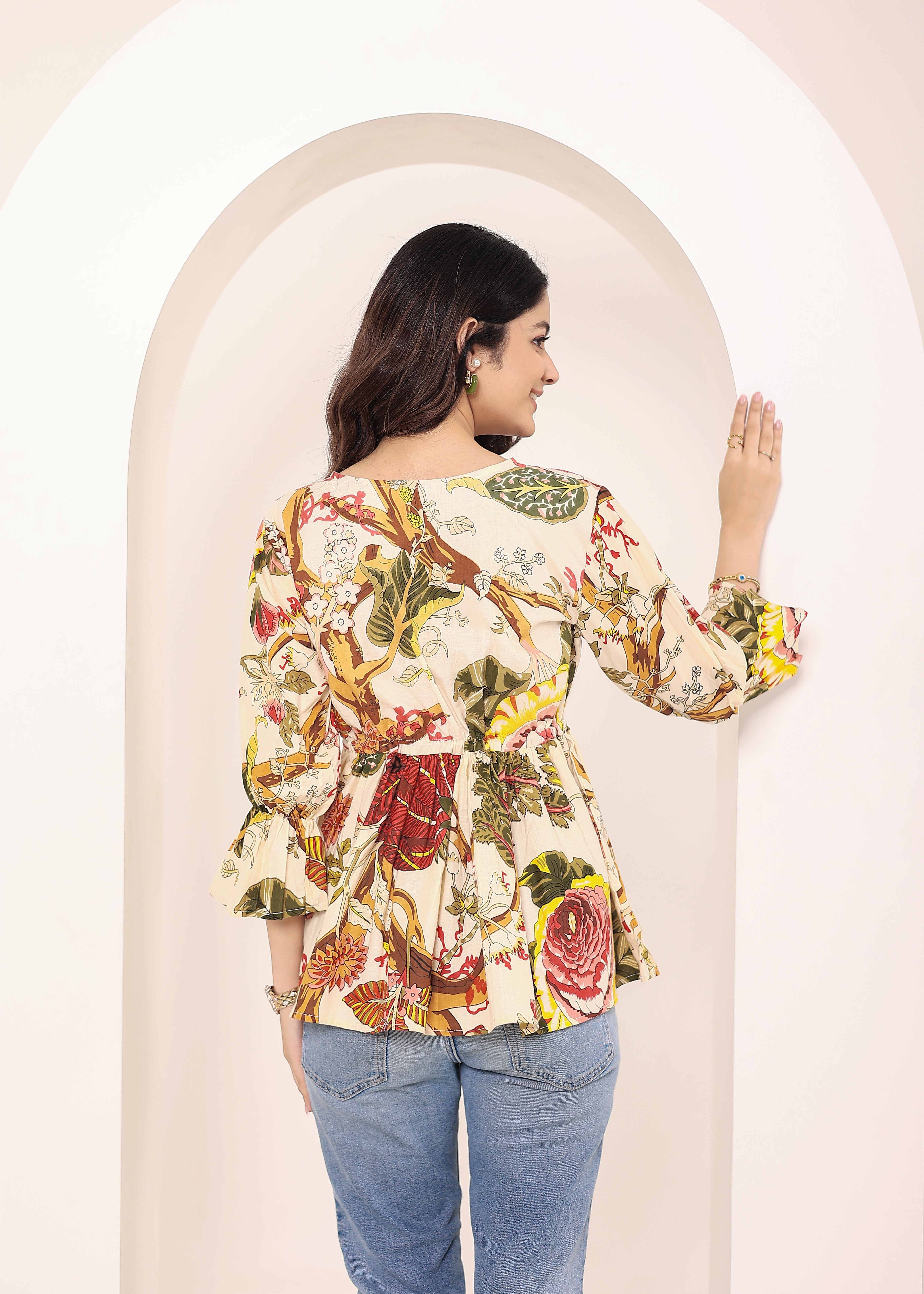 Beige Tropical Print Angrakha Style Cotton Kurta Top - Kaoribyshreya