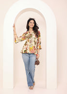 Beige Tropical Print Angrakha Style Cotton Kurta Top - Kaoribyshreya