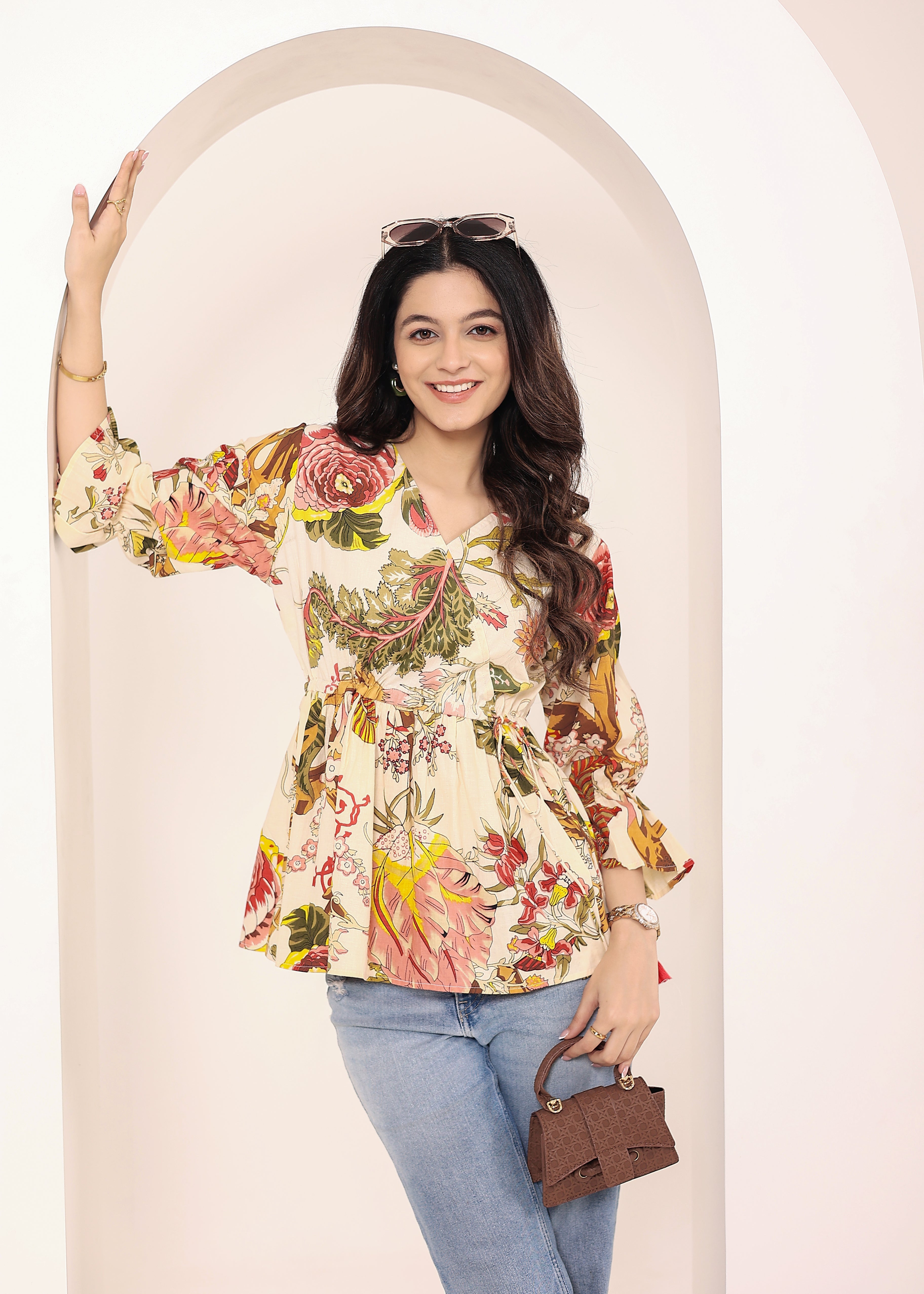 Beige Tropical Print Angrakha Style Cotton Kurta Top - Kaoribyshreya
