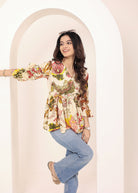 Beige Tropical Print Angrakha Style Cotton Kurta Top - Kaoribyshreya