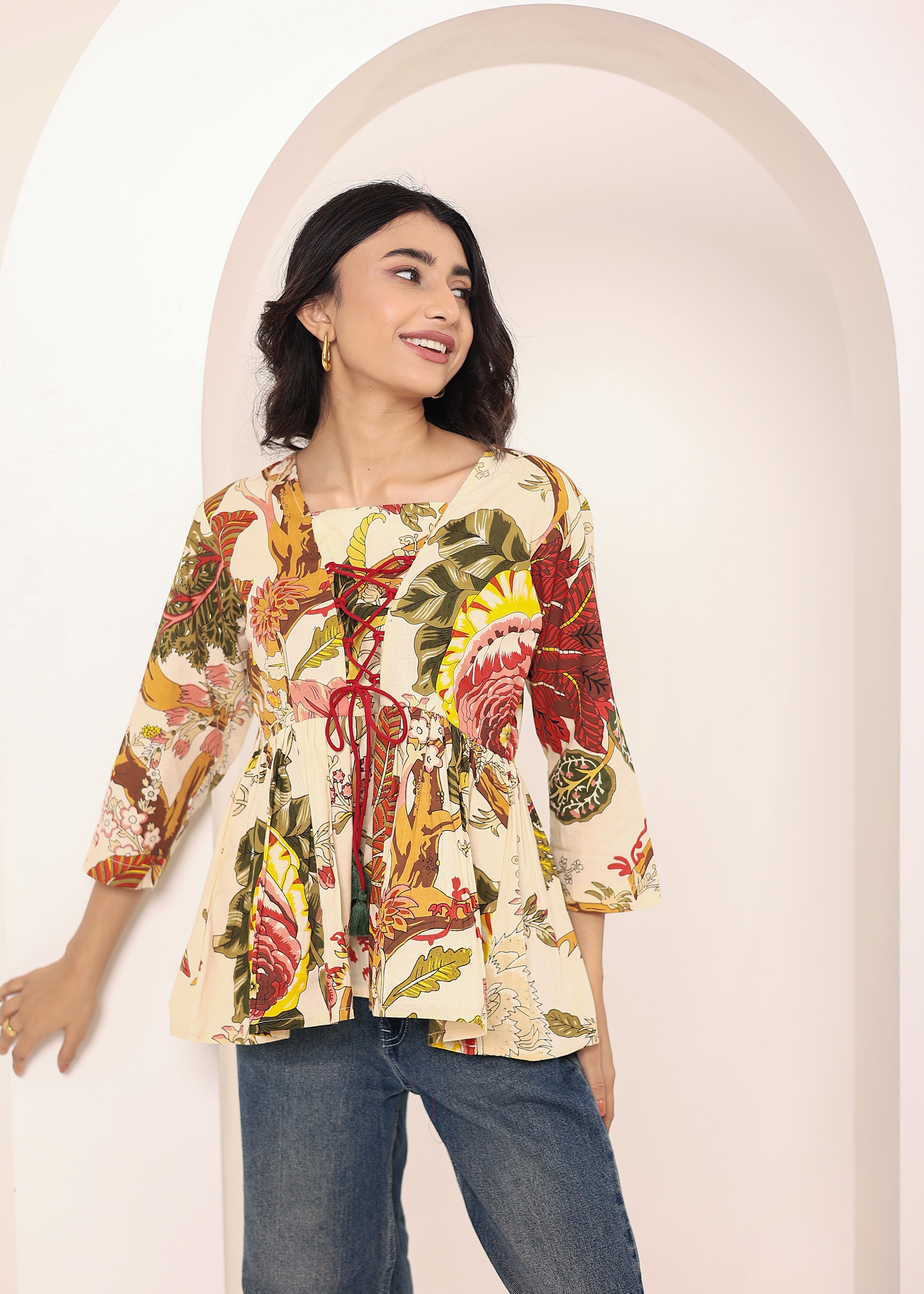 Beige Tropical Print Angrakha Style Cotton Kurta Top - Kaoribyshreya