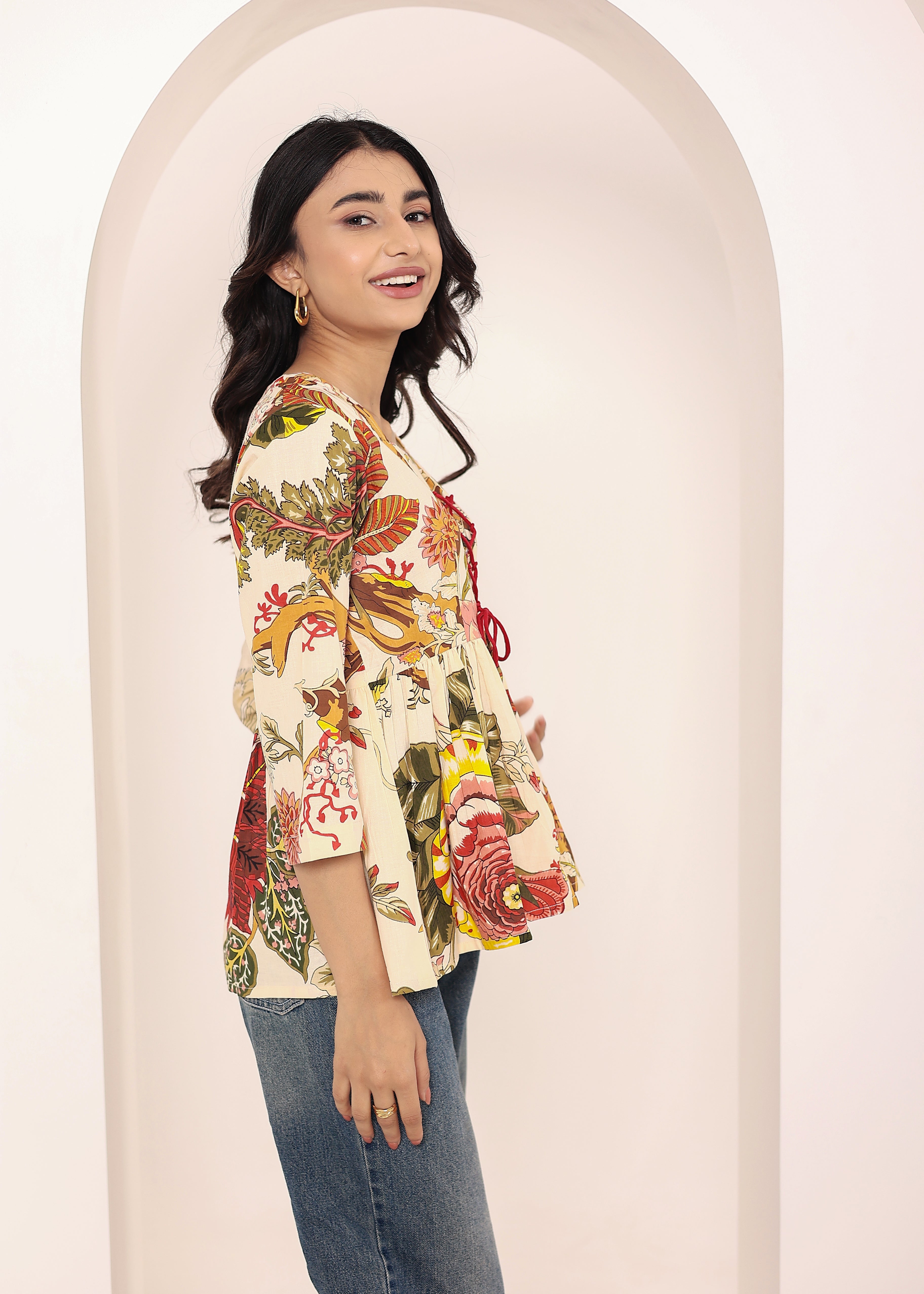Beige Tropical Print Angrakha Style Cotton Kurta Top - Kaoribyshreya