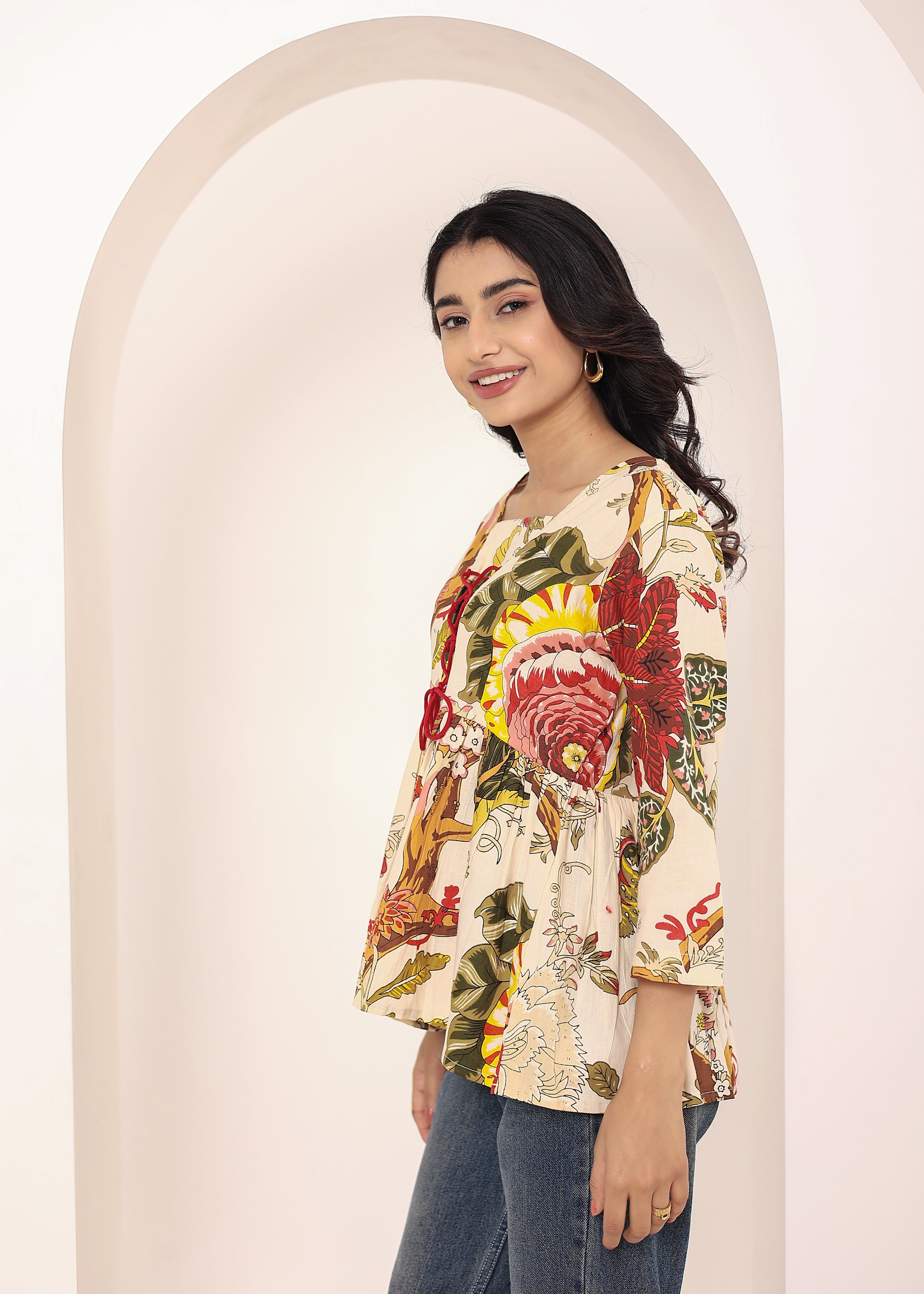 Beige Tropical Print Angrakha Style Cotton Kurta Top - Kaoribyshreya