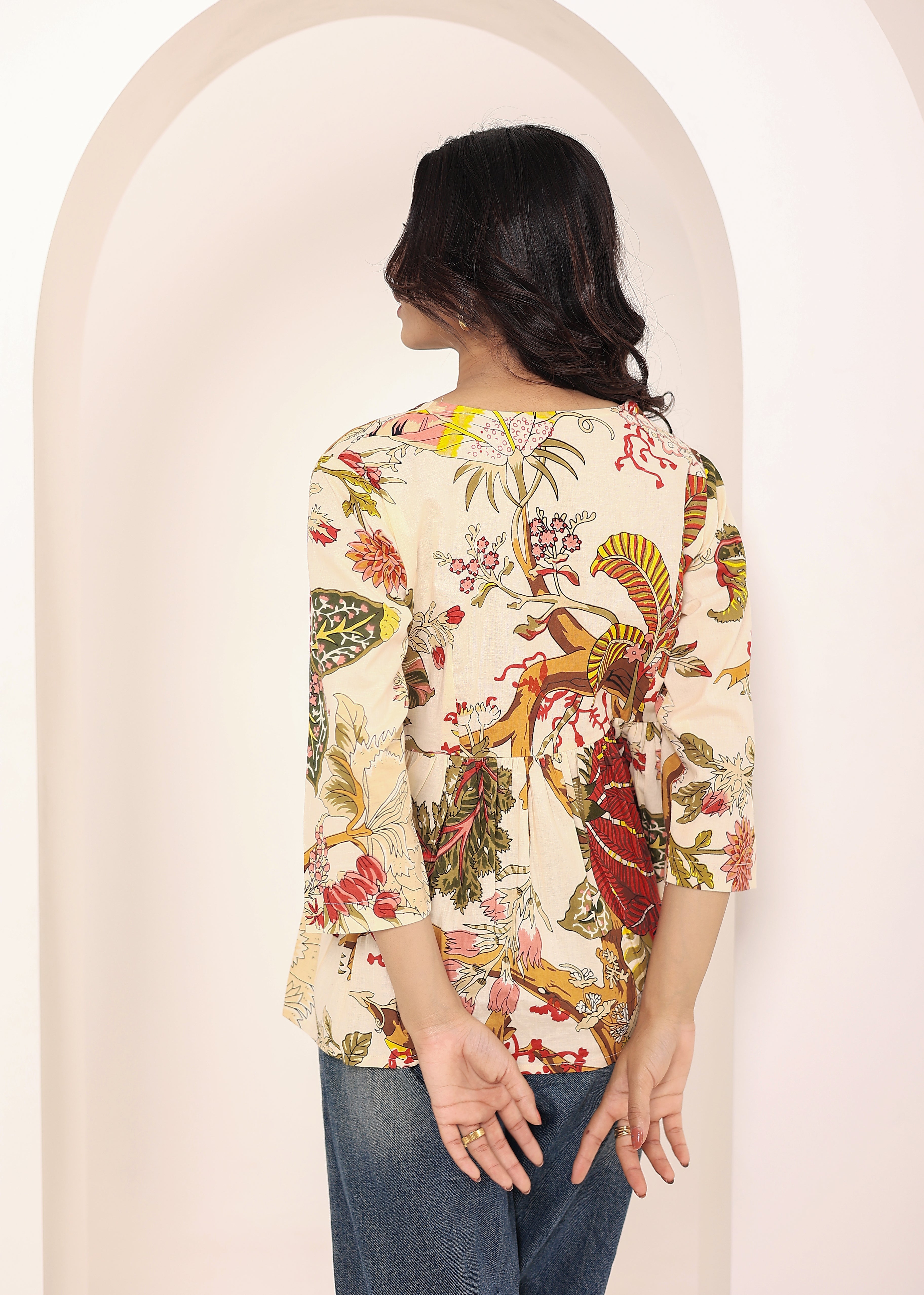 Beige Tropical Print Angrakha Style Cotton Kurta Top - Kaoribyshreya