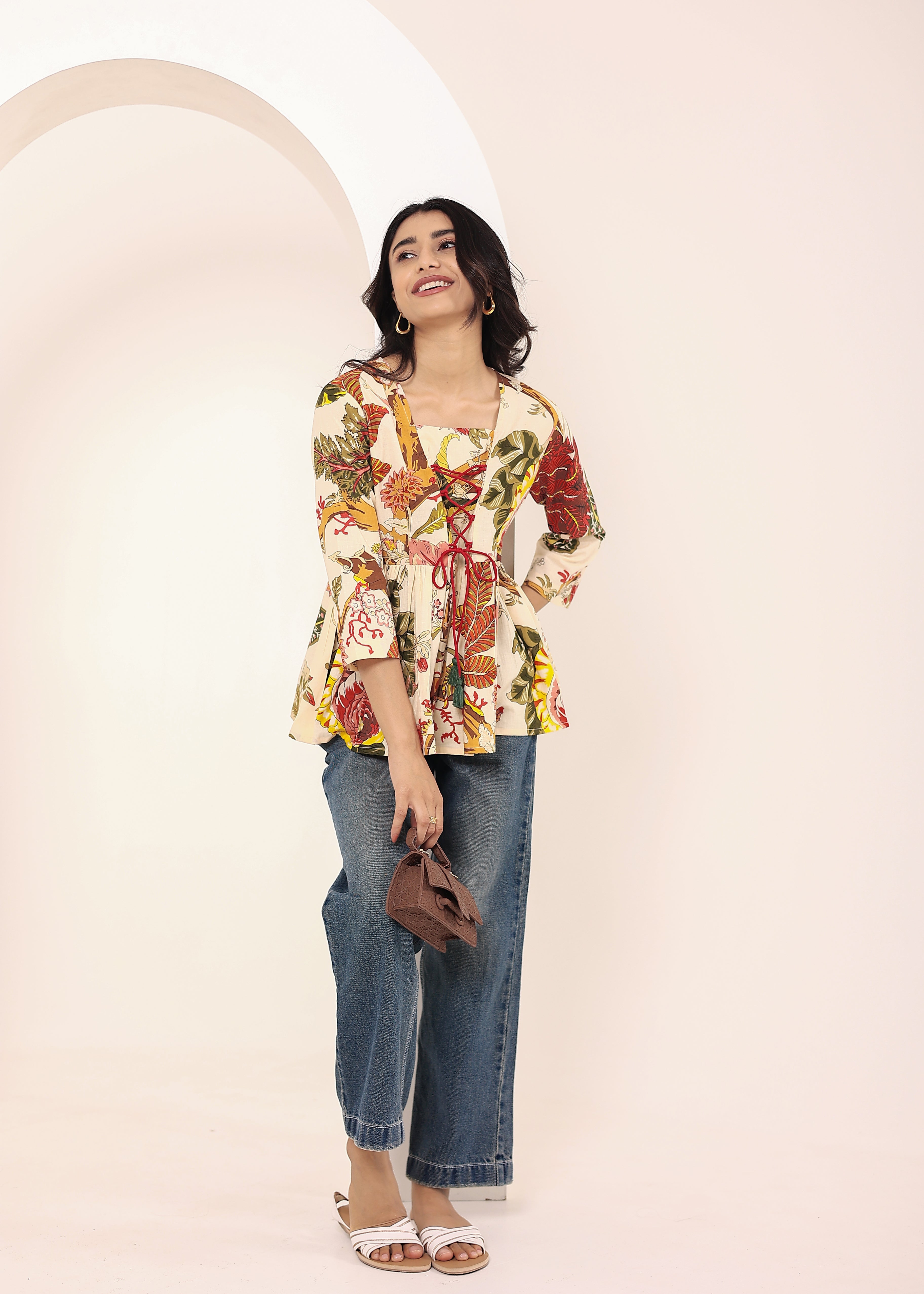 Beige Tropical Print Angrakha Style Cotton Kurta Top - Kaoribyshreya