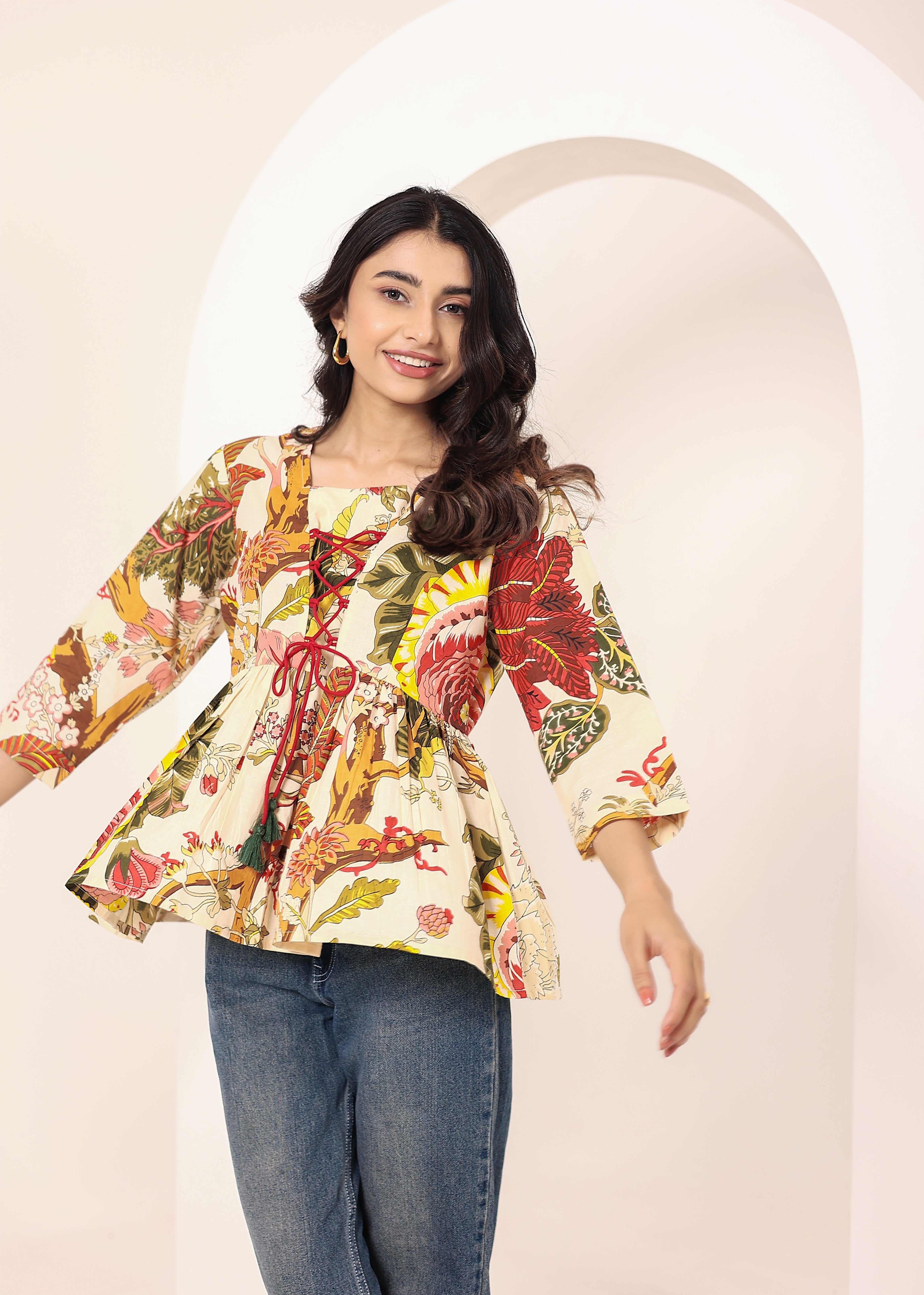 Beige Tropical Print Angrakha Style Cotton Kurta Top - Kaoribyshreya