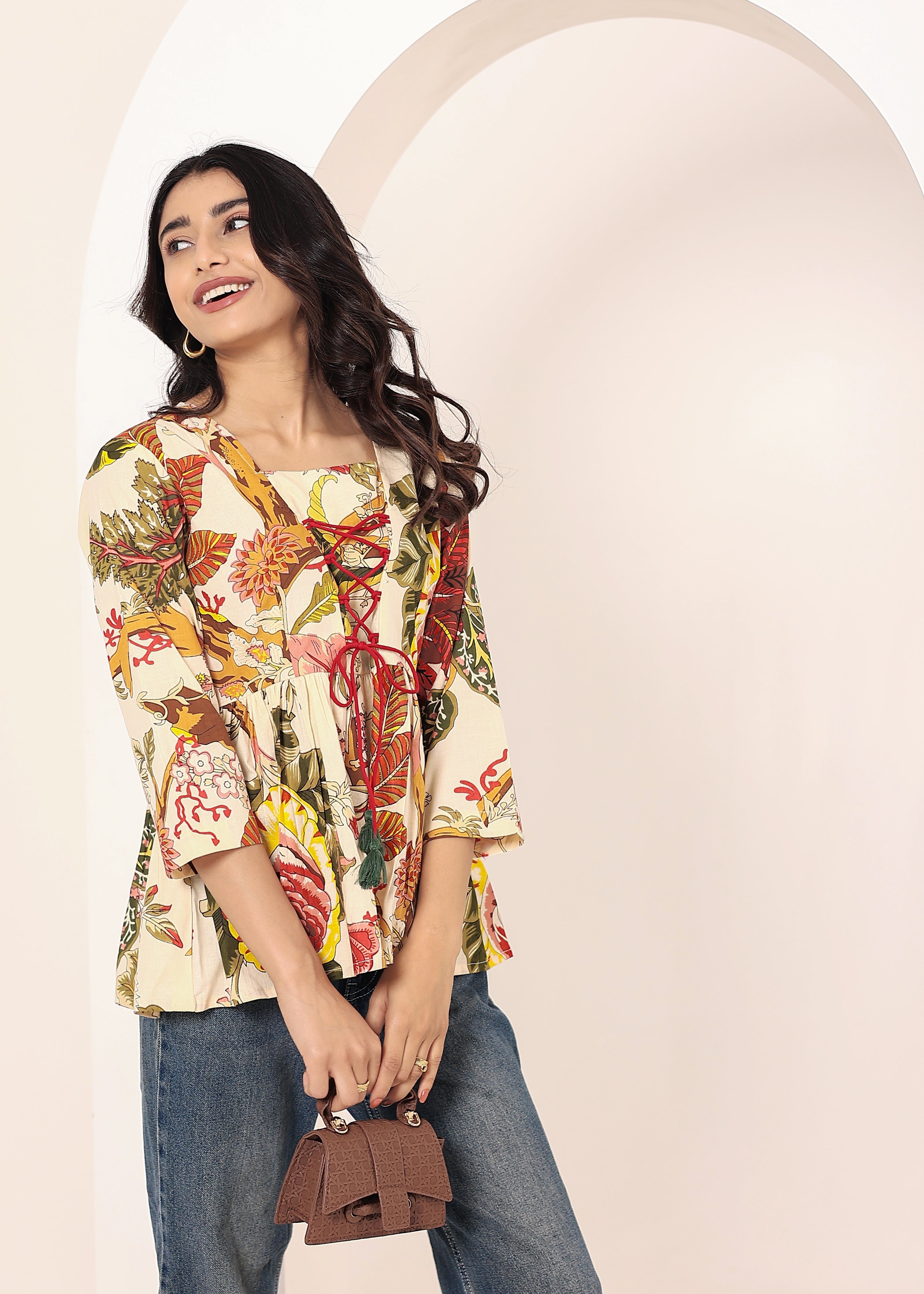 Beige Tropical Print Angrakha Style Cotton Kurta Top - Kaoribyshreya