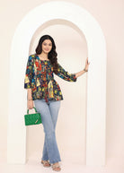 Navy Blue Tropical Print Criss-Cross Tie-Up Cotton Kurta Top - Kaoribyshreya