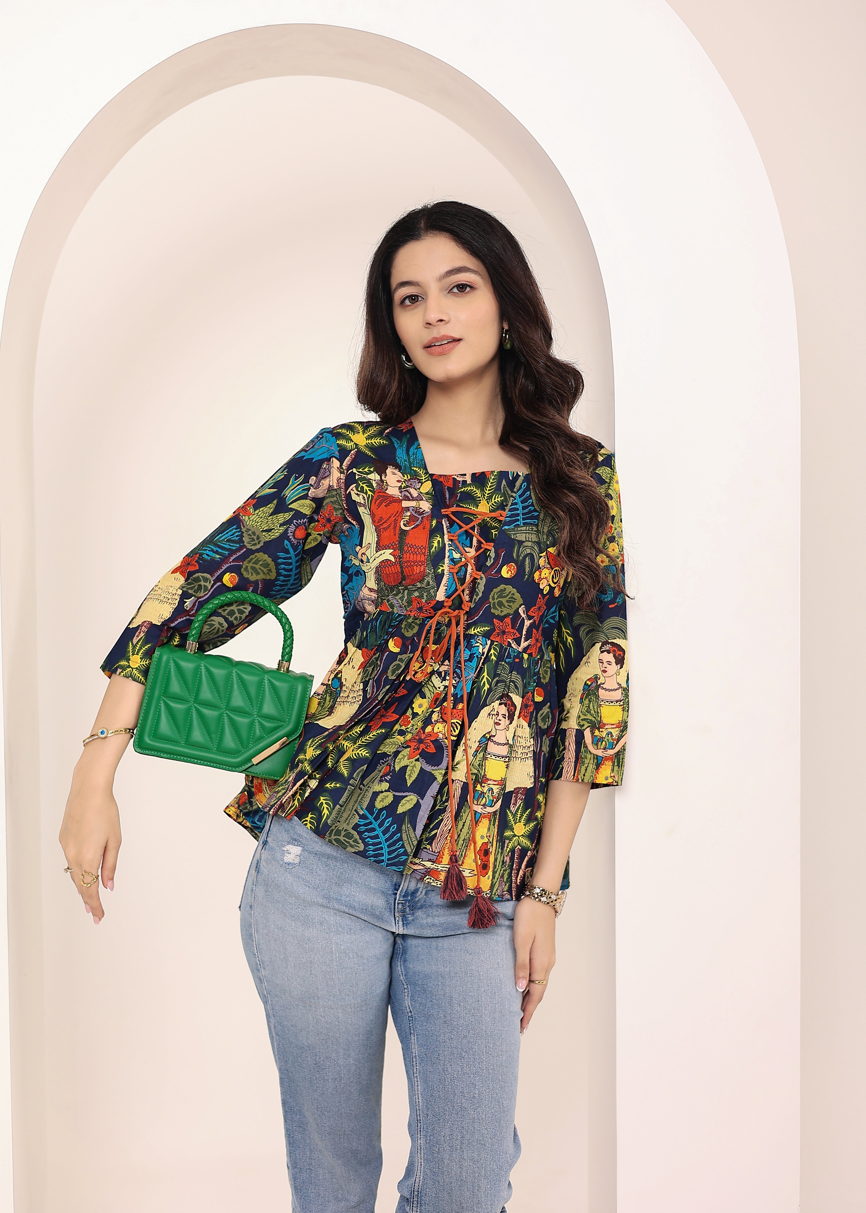 Navy Blue Tropical Print Criss-Cross Tie-Up Cotton Kurta Top - Kaoribyshreya