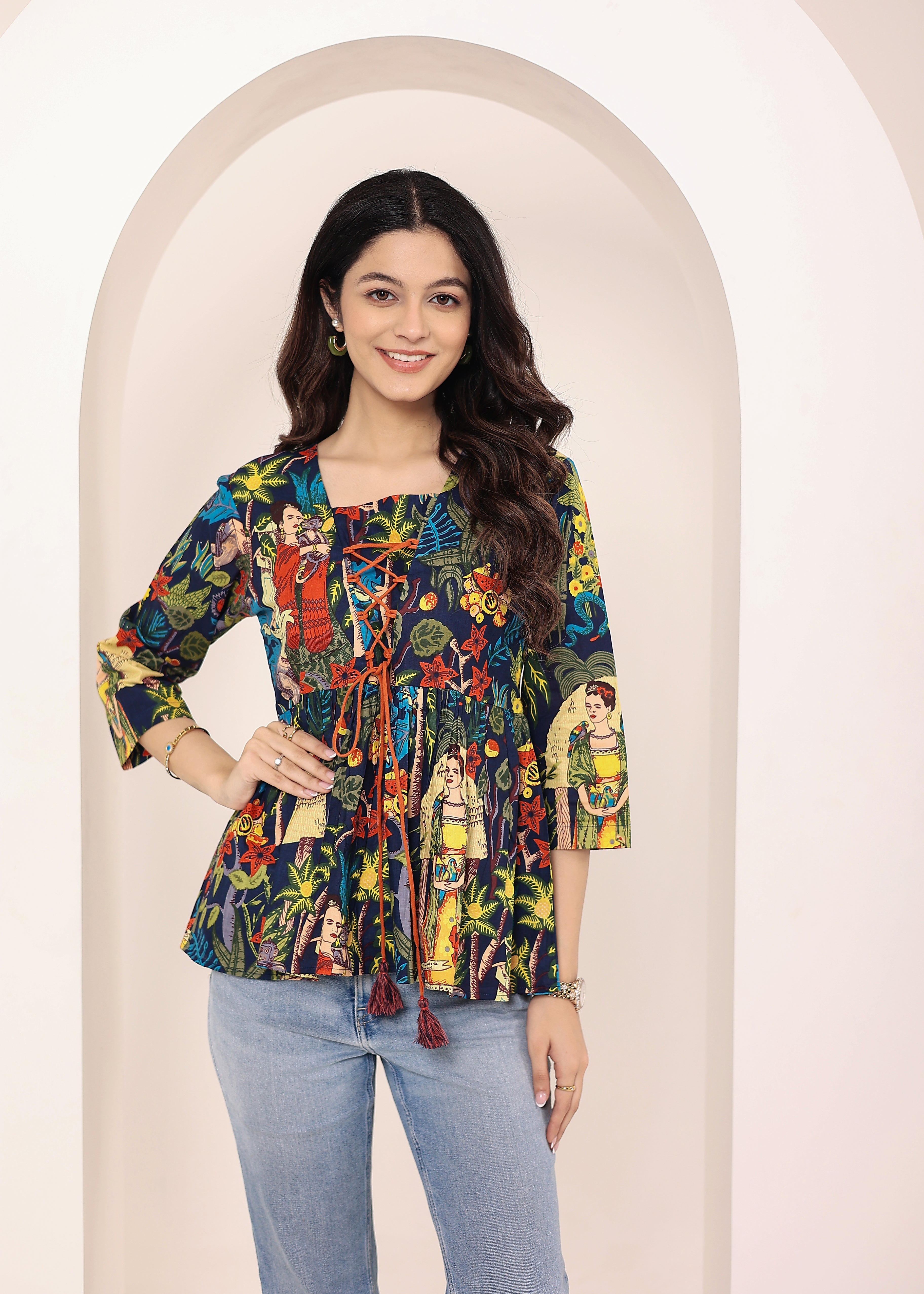 Navy Blue Tropical Print Criss-Cross Tie-Up Cotton Kurta Top - Kaoribyshreya